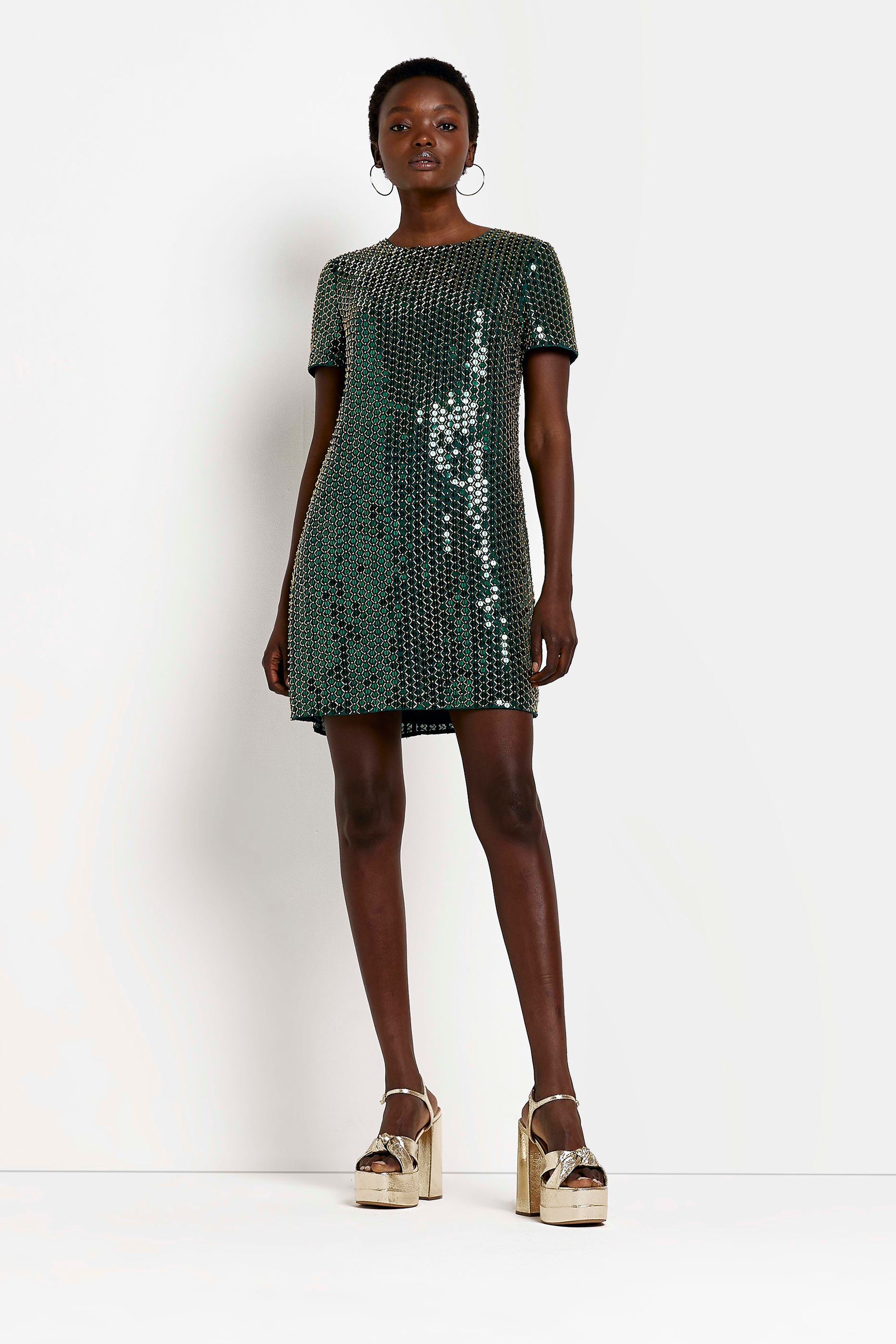 Buy River Island Green Short Sleeve Sequin Shift Dress from Next Luxembourg