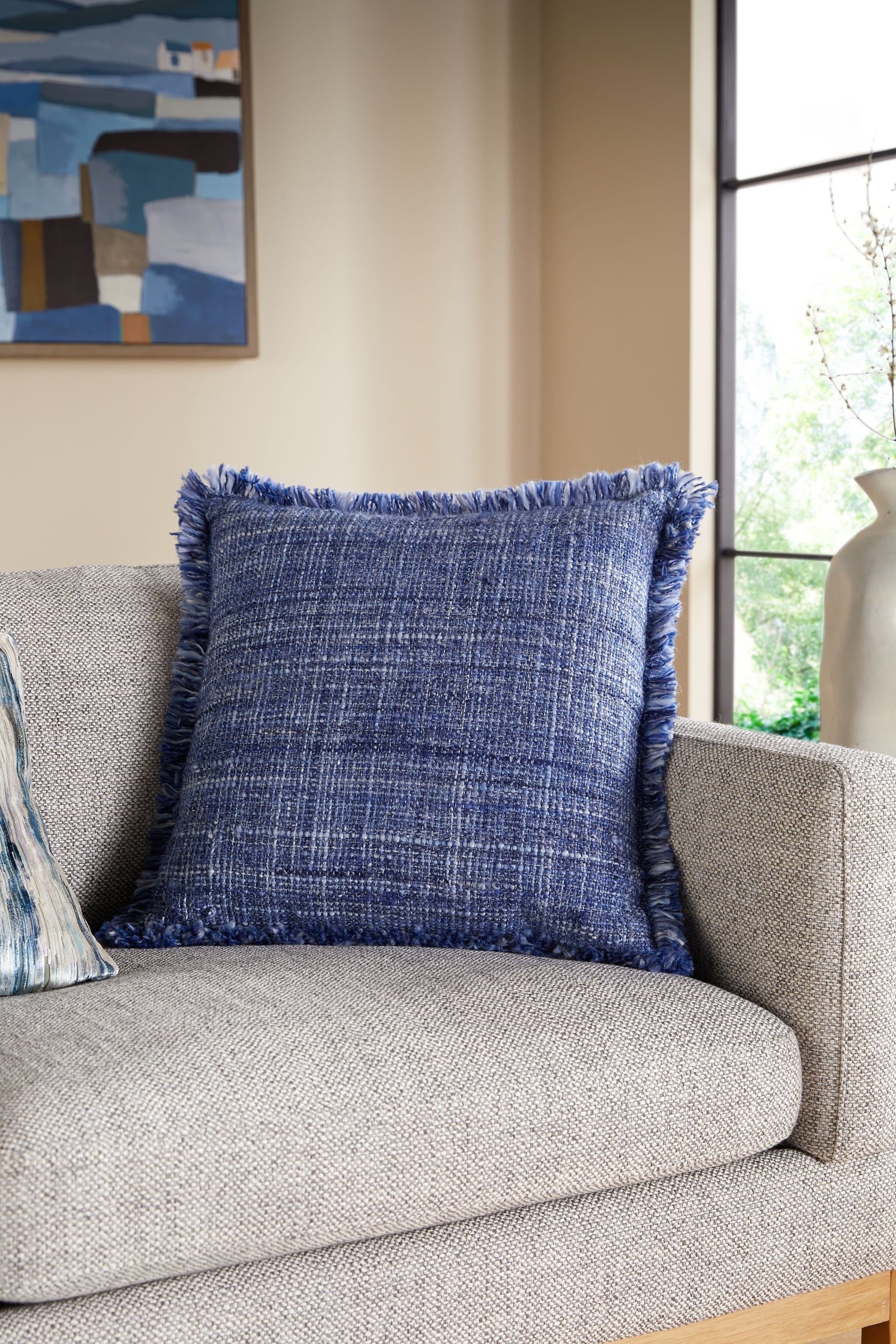 Blue 50 x 50cm Harlston Textured Fringe Cushion - Image 1 of 4