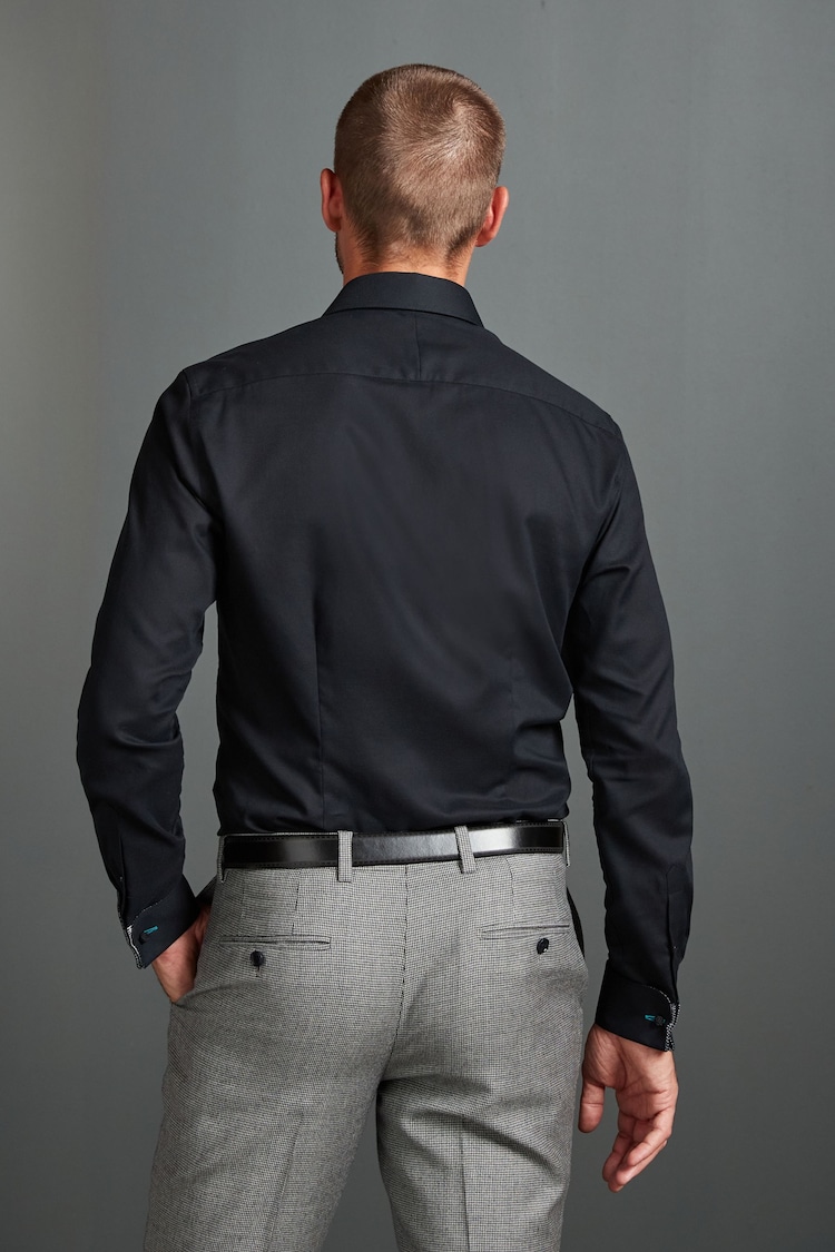 Black Slim Fit Signature Textured Double Cuff Shirt With Trim Detail - Image 3 of 10