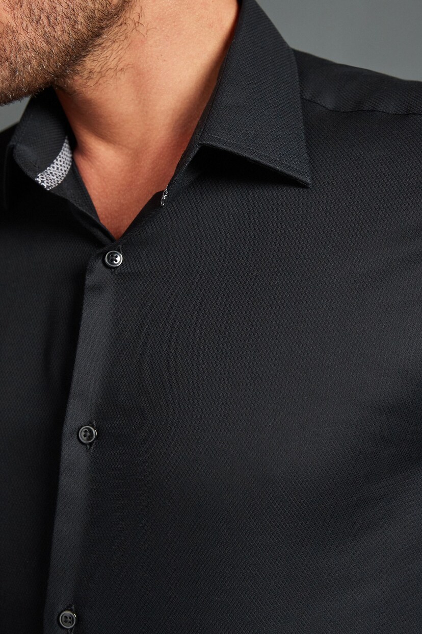 Black Slim Fit Signature Textured Double Cuff Shirt With Trim Detail - Image 6 of 10