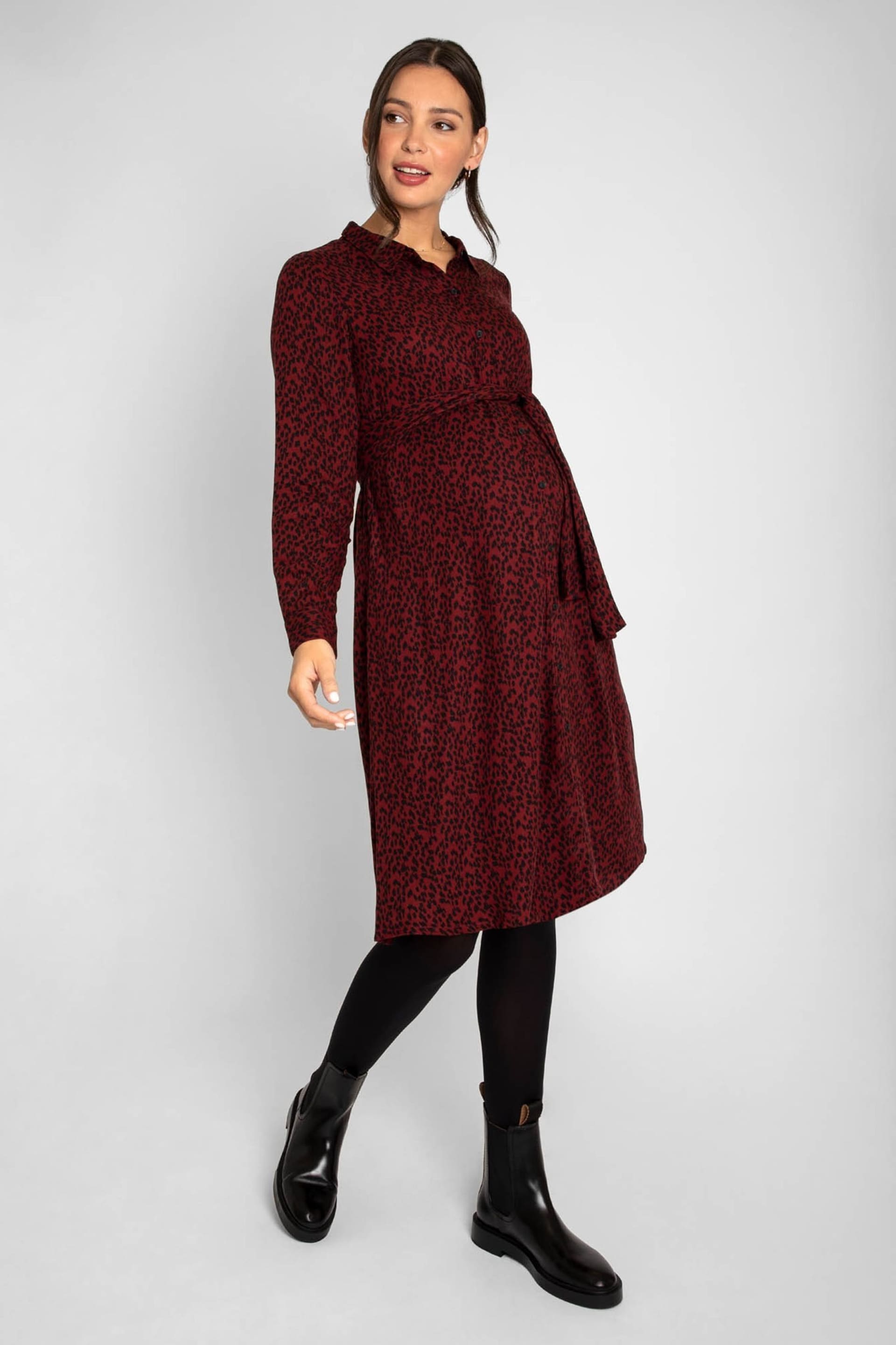 JoJo Maman Bébé Burgundy Red Animal Print Shirt Maternity Dress With Tie - Image 3 of 9