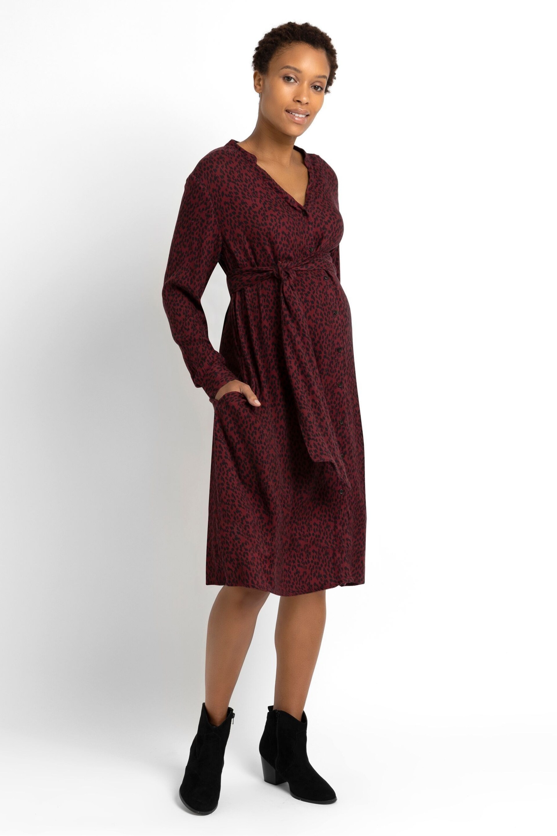 JoJo Maman Bébé Burgundy Red Animal Print Shirt Maternity Dress With Tie - Image 7 of 9