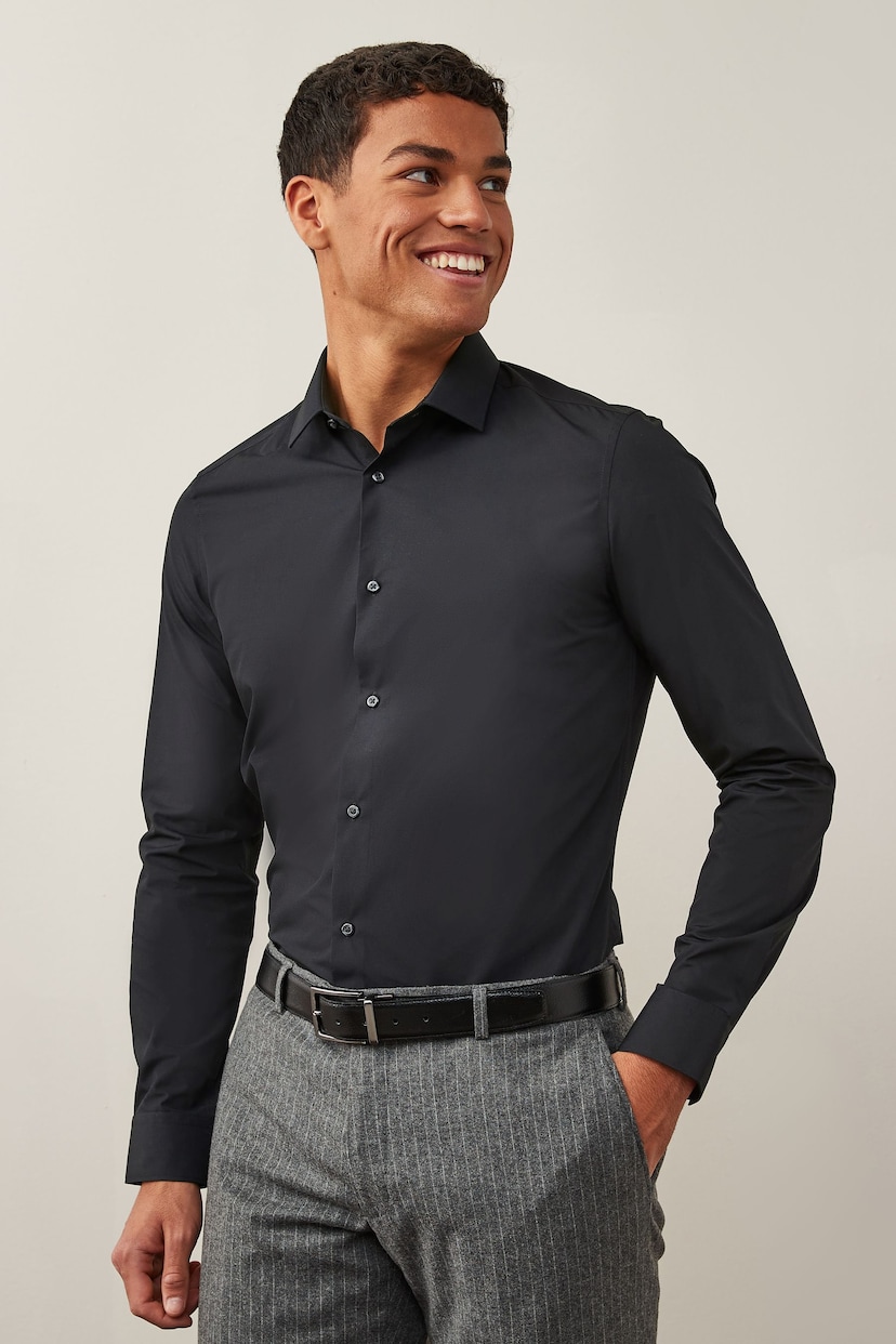 Black Slim Fit Easy Care Single Cuff Shirt - Image 1 of 7