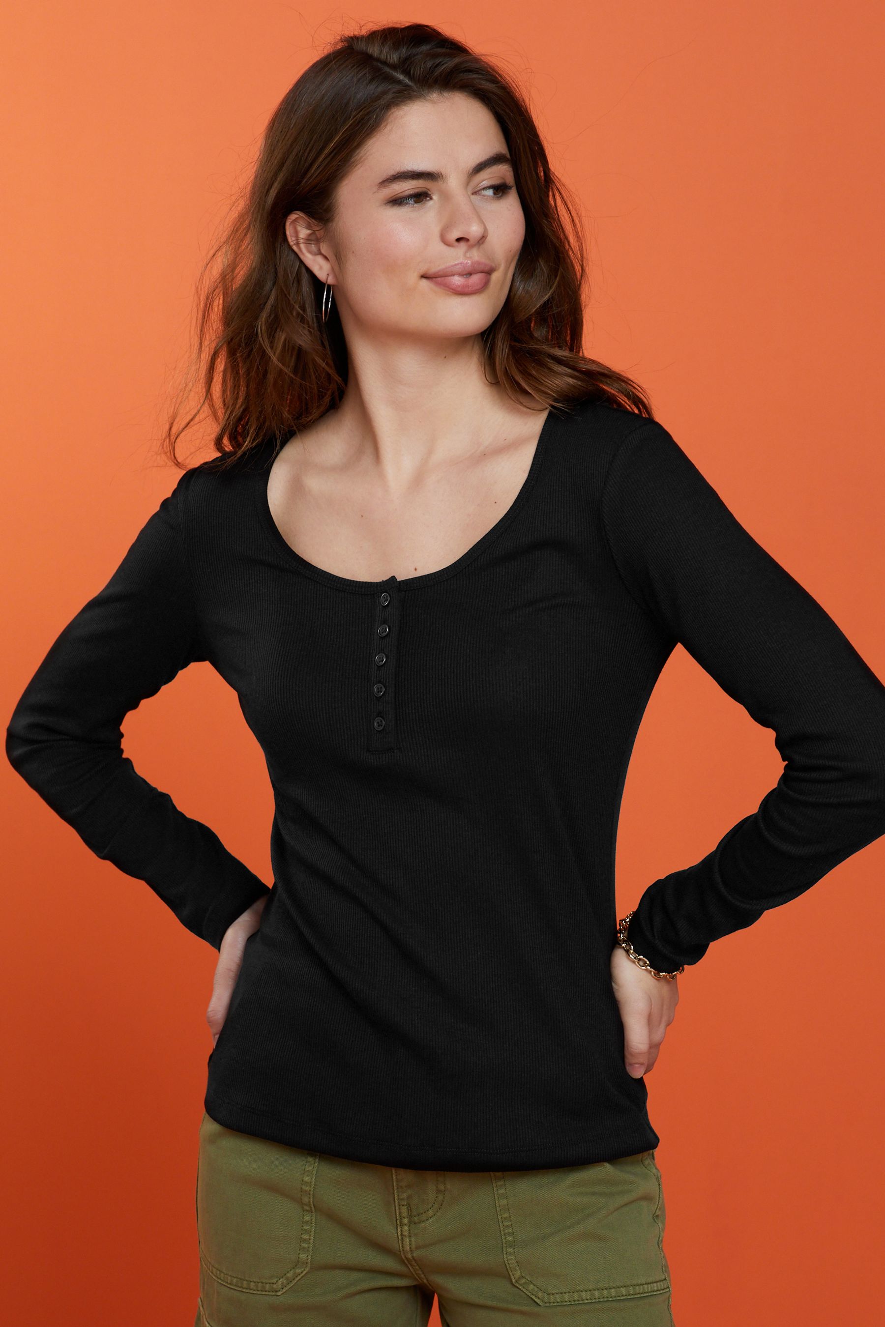 Black Ribbed Henley Long Sleeve Top