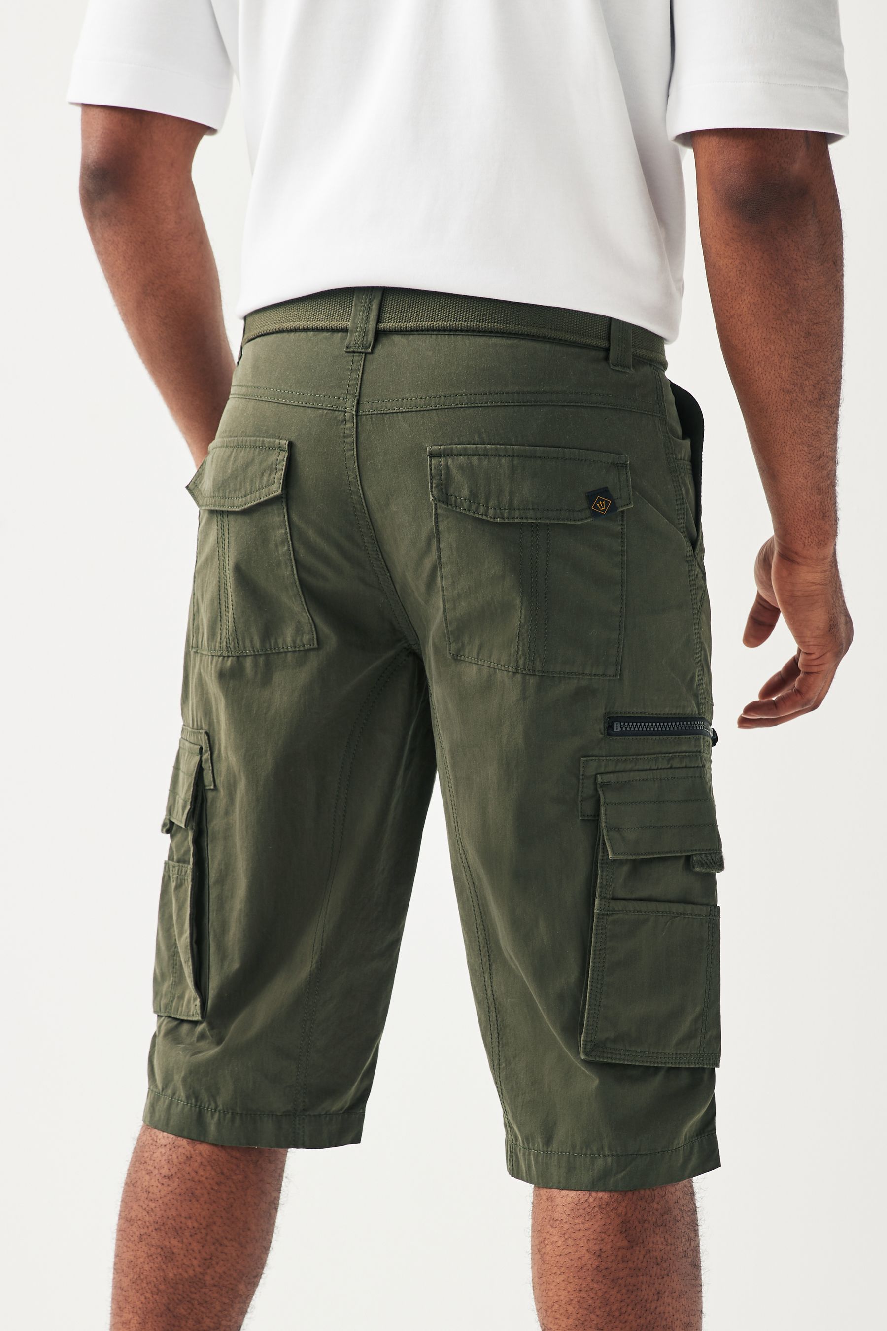 Khaki Green Long Length Belted Cargo Shorts