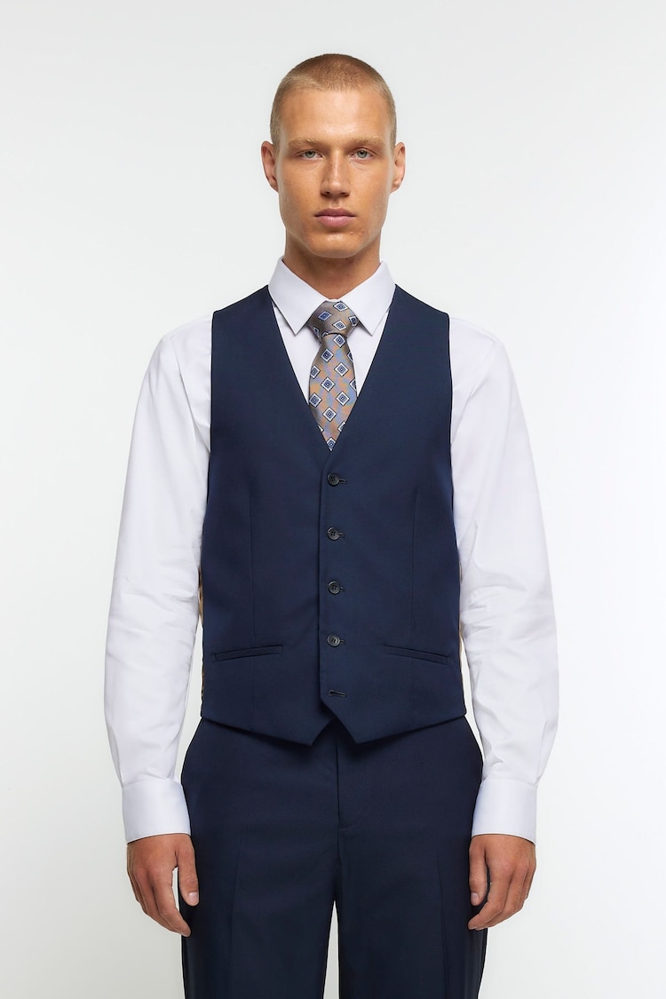 River Island Dark blue Skinny Fit Twill Waistcoat - Image 1 of 5