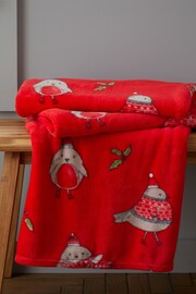 Catherine Lansfield Red Teddy Christmas Robins Warm And Cosy Fleece Throw - Image 1 of 4