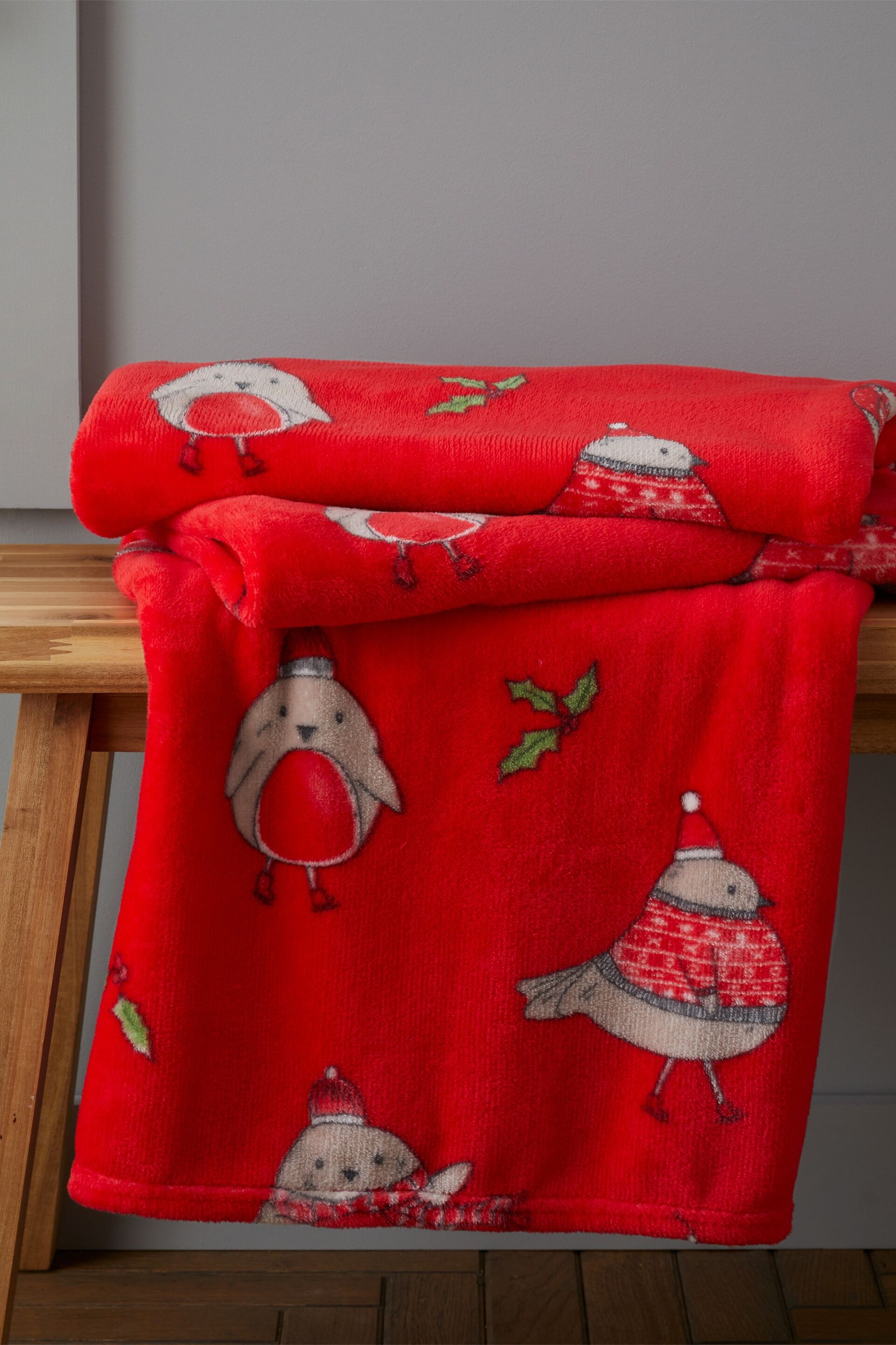 Catherine Lansfield Red Teddy Christmas Robins Warm And Cosy Fleece Throw - Image 1 of 4