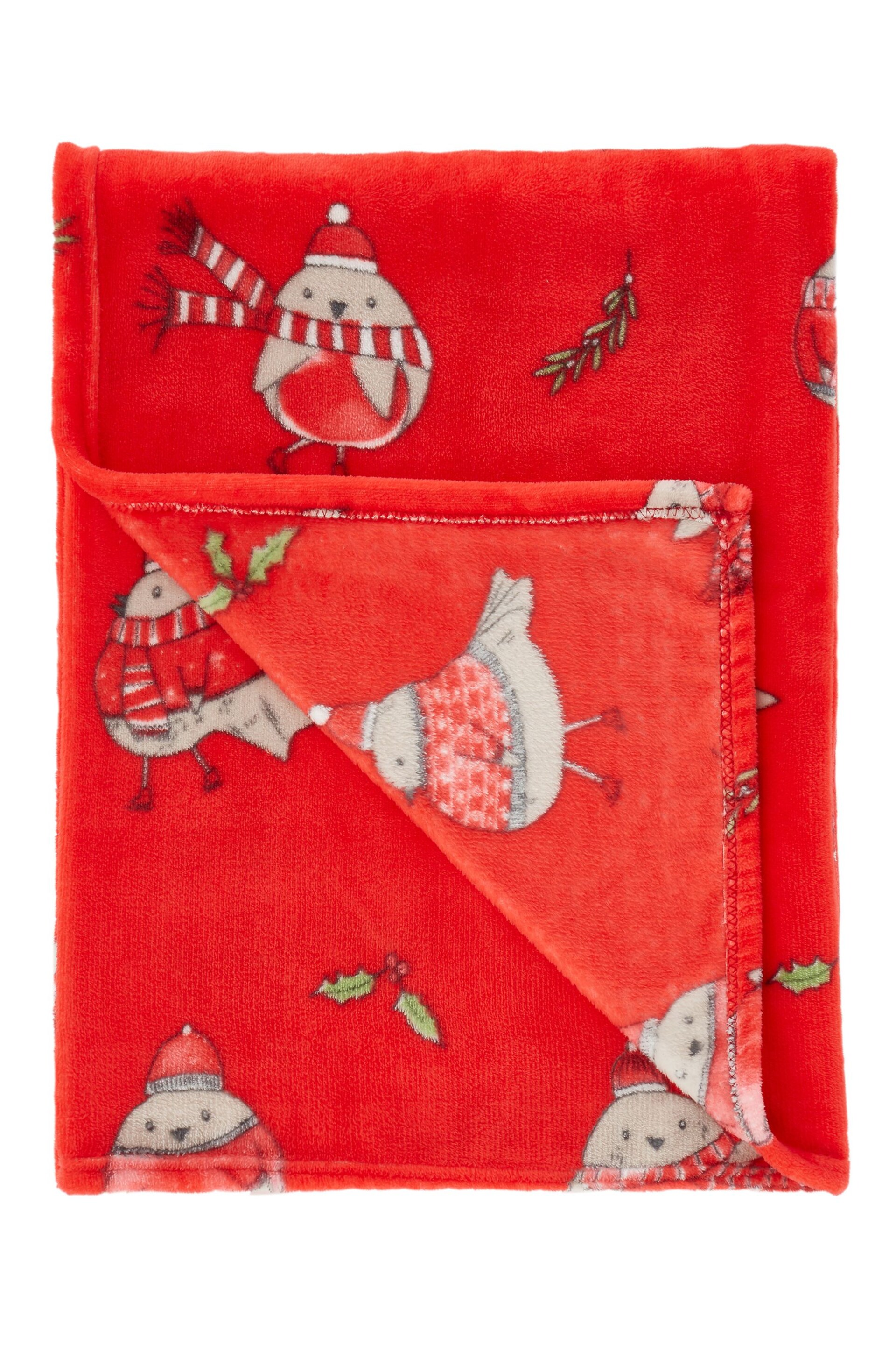 Catherine Lansfield Red Teddy Christmas Robins Warm And Cosy Fleece Throw - Image 4 of 4
