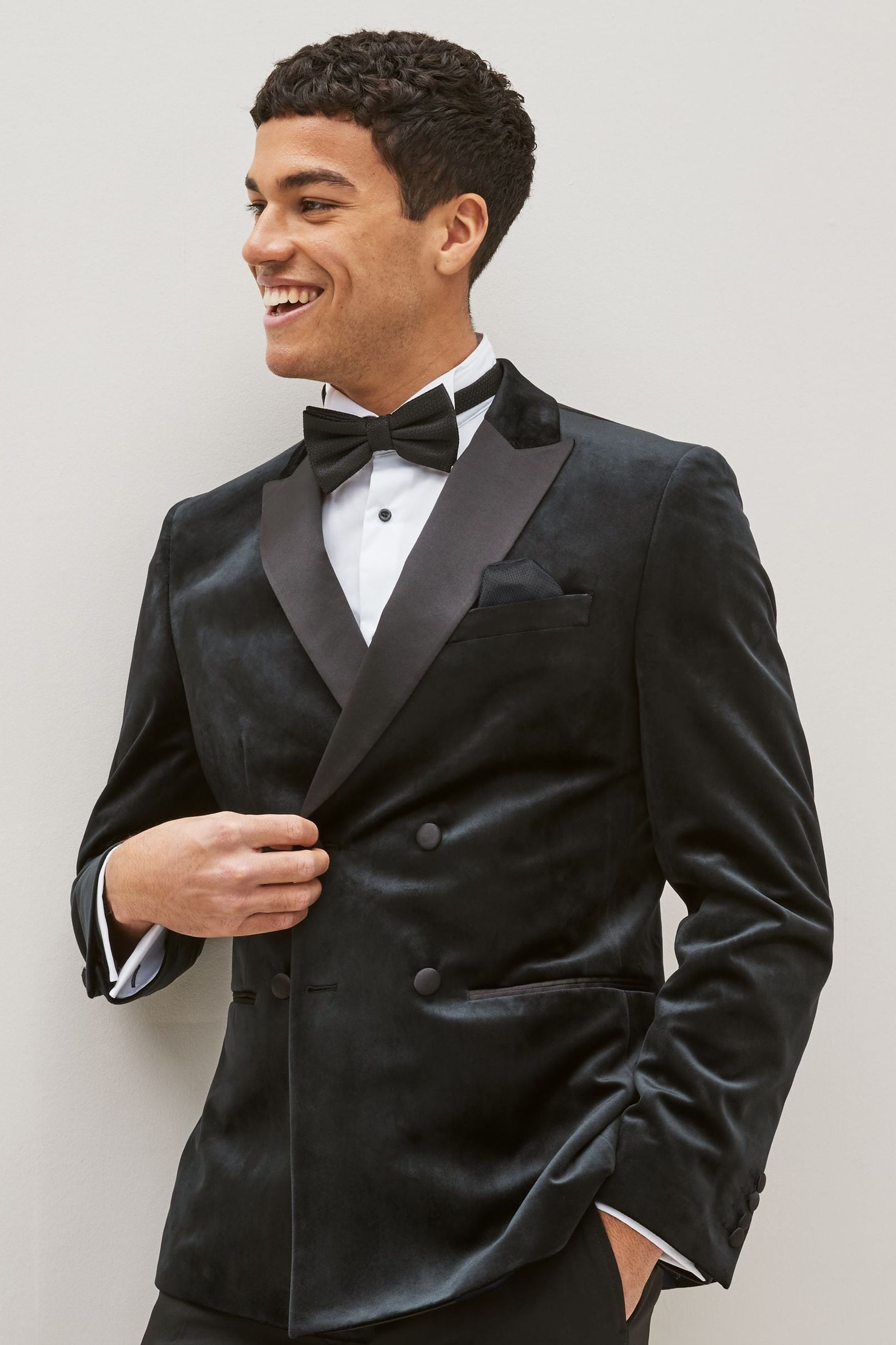 Black Double Breasted Slim Fit Velvet Blazer
