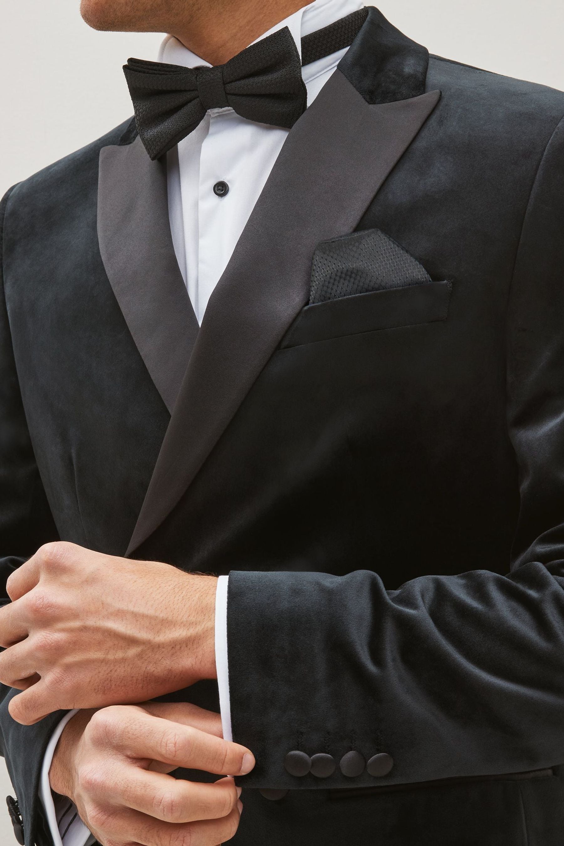 Black Double Breasted Slim Fit Velvet Blazer