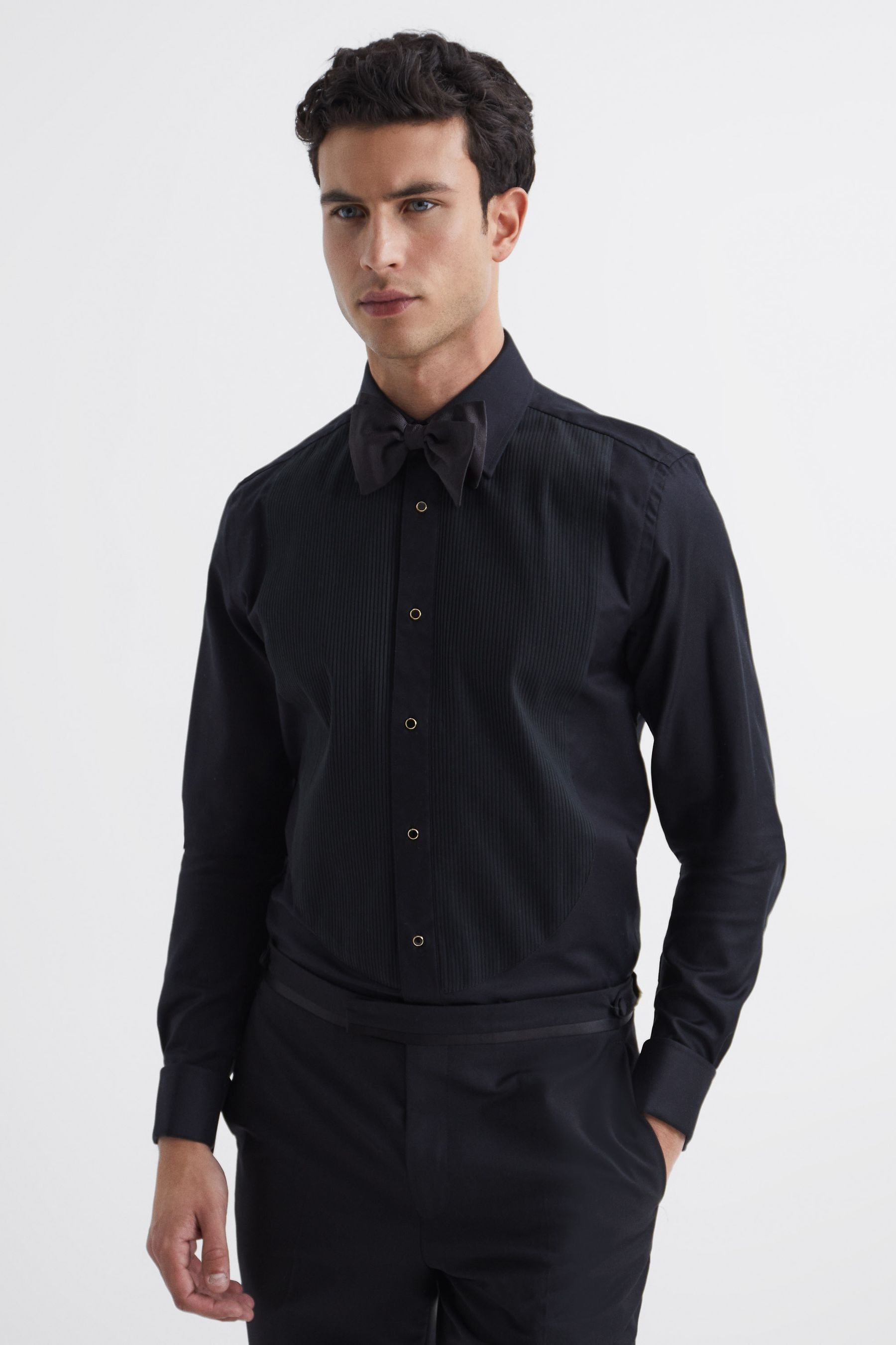 Buy Reiss Black Rudd Pleated Bib Slim Fit Double Cuff Dinner Shirt from the Next UK online shop