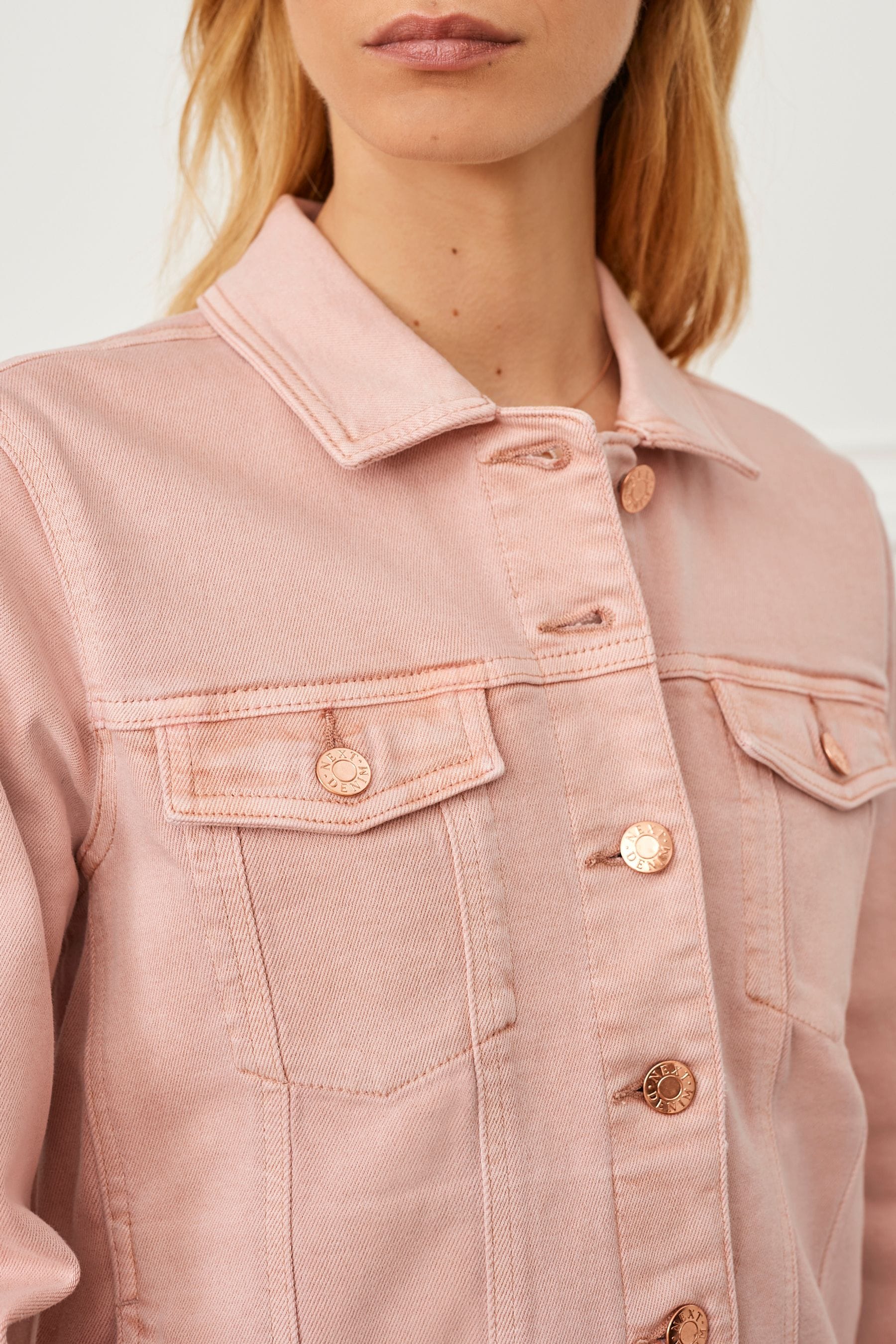 Blush pink denim jacket discount
