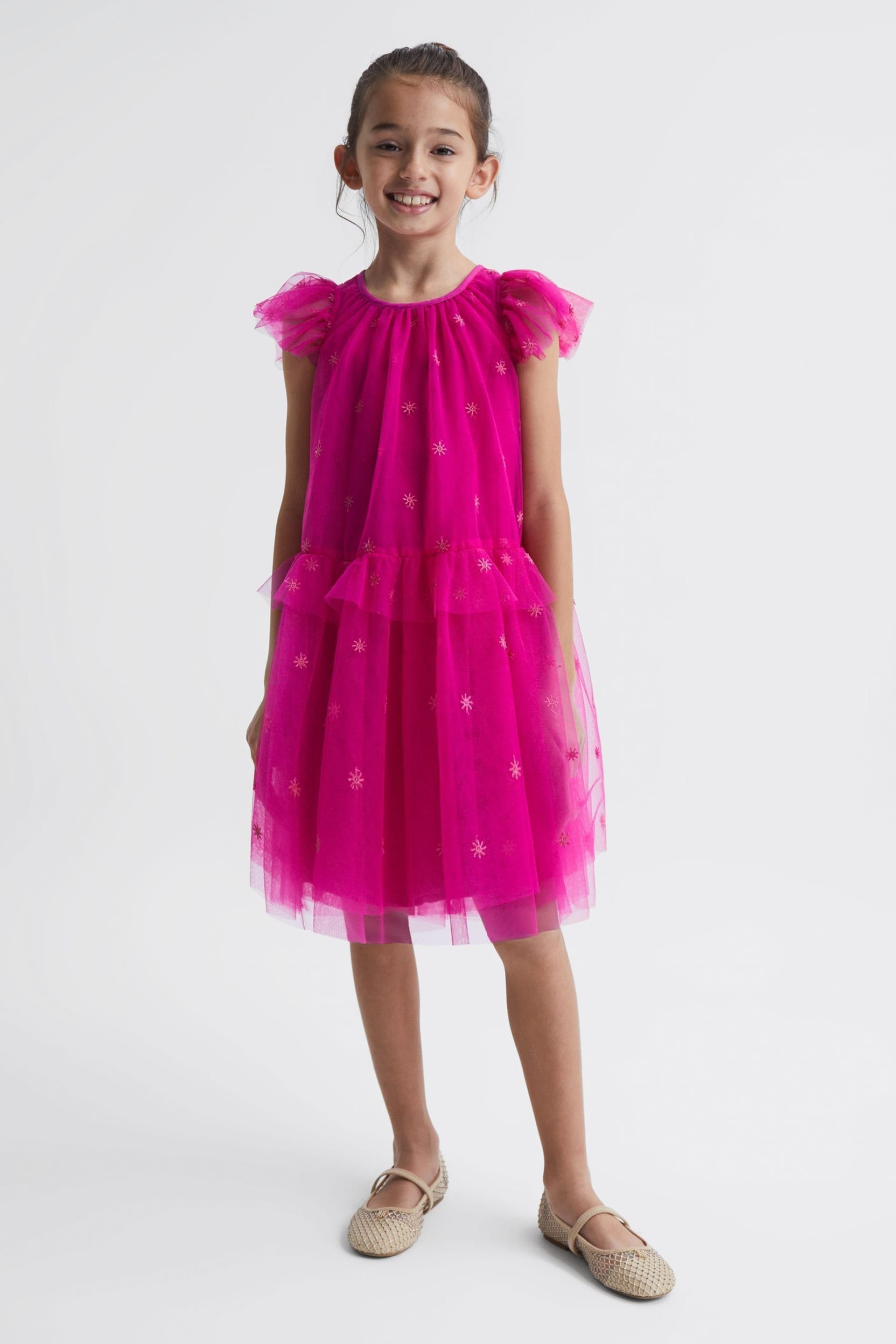 Reiss Bright Pink Fifi Senior Tulle Embroidered Dress - Image 3 of 7