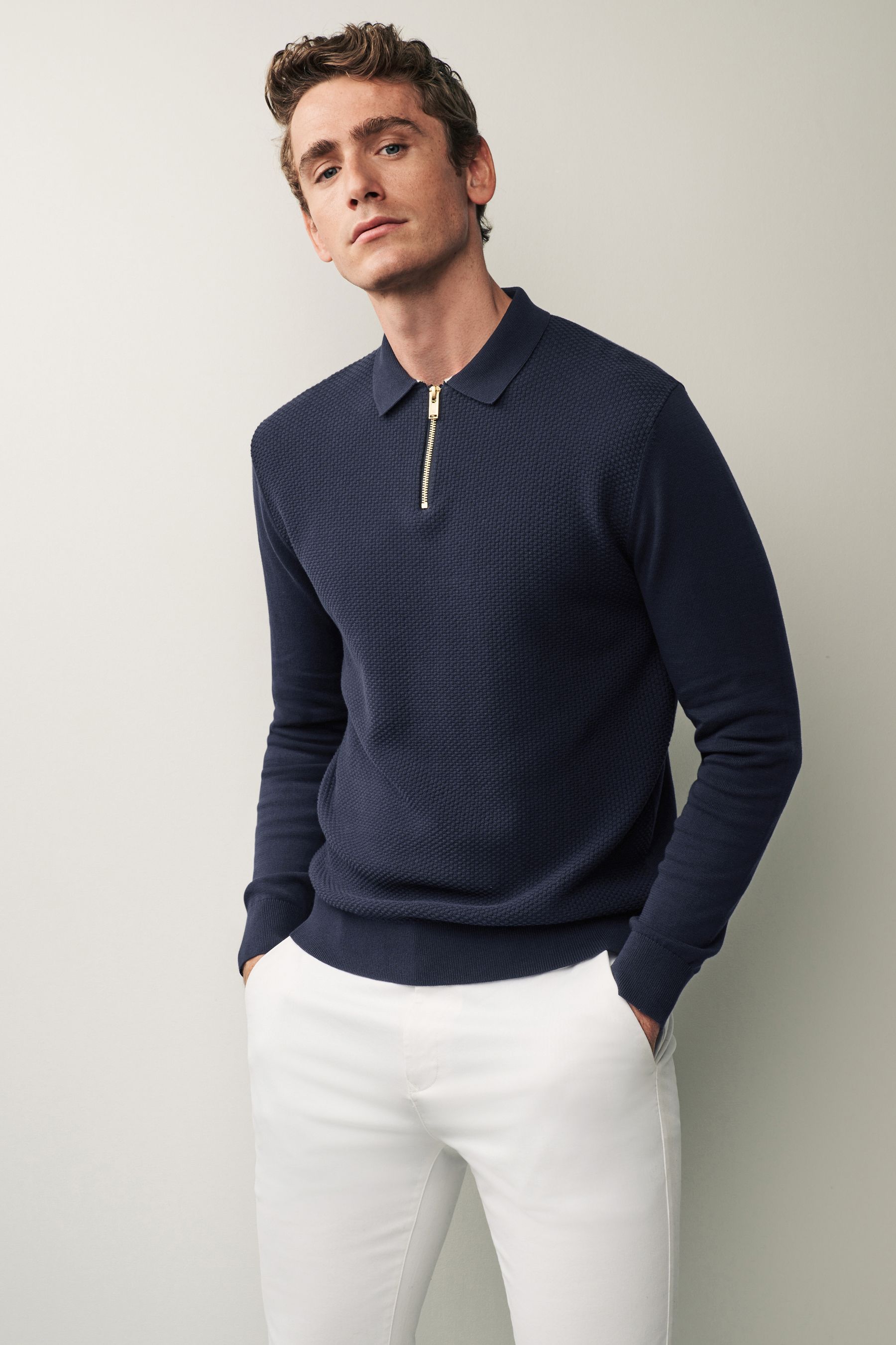 Buy Navy Blue Regular Knitted Textured Zip Neck Polo Shirt from Next Luxembourg