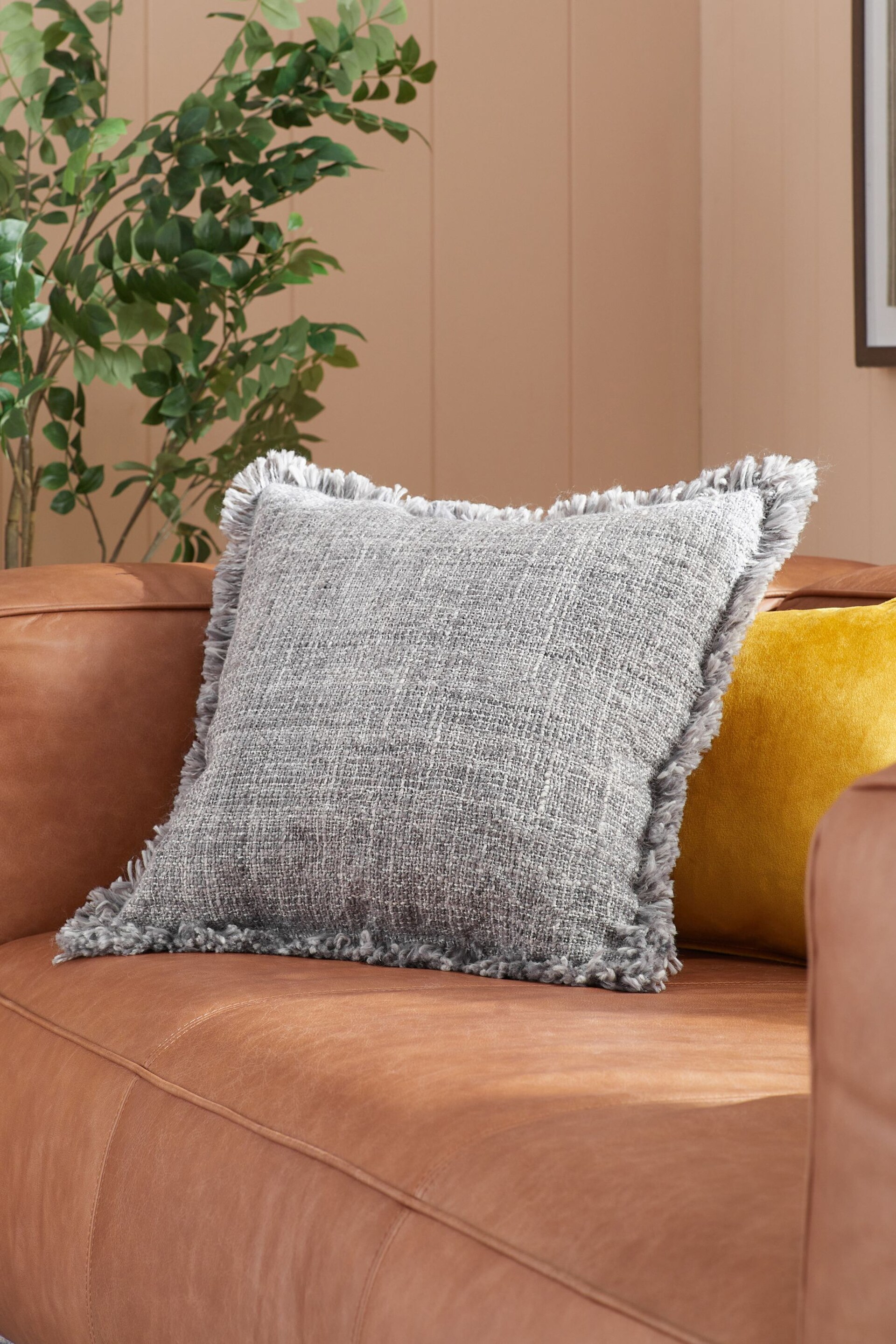 Grey 50 x 50cm Harlston Textured Fringe Cushion - Image 1 of 5