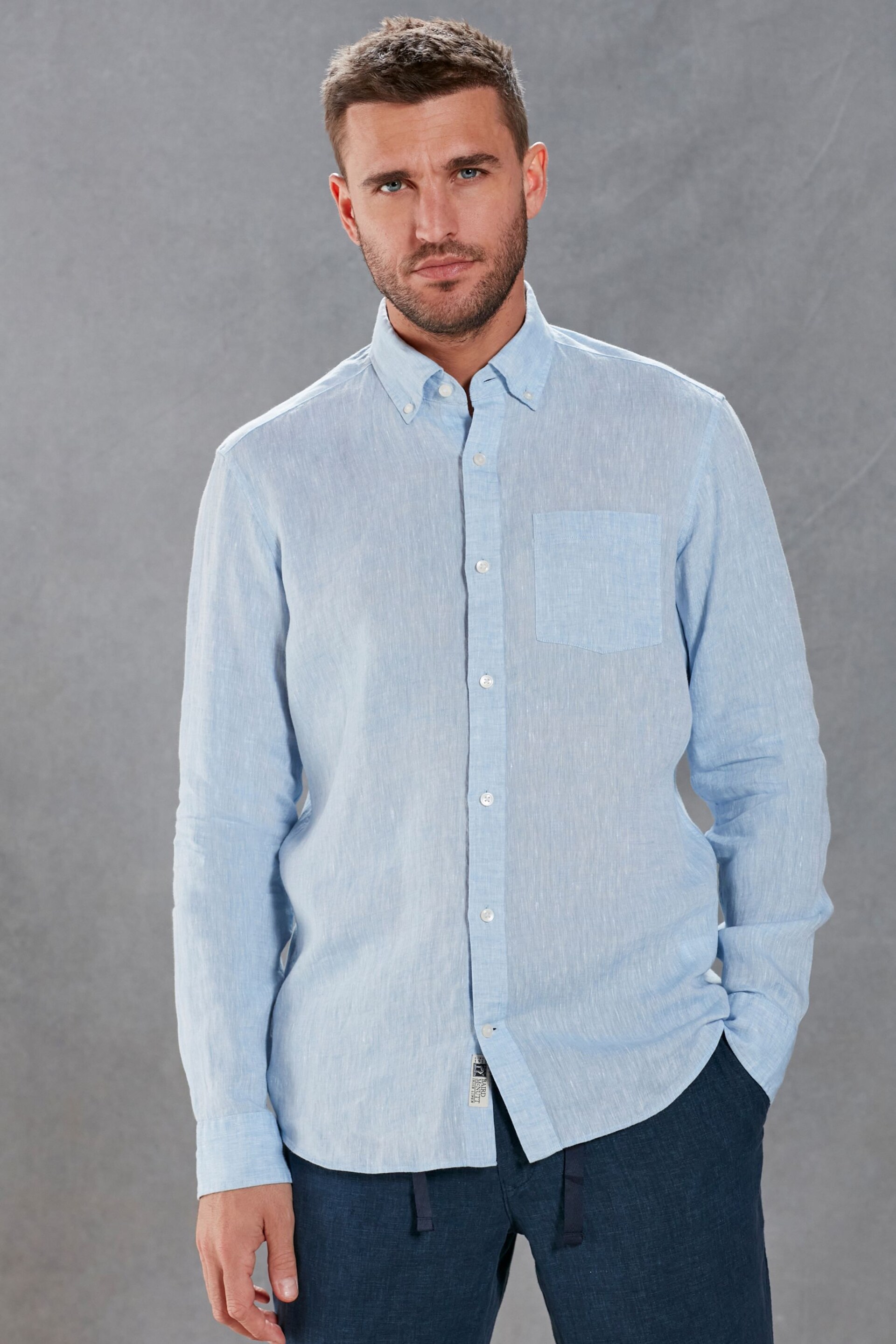 Blue Slim Fit Signature Baird McNutt Irish 100% Linen Trimmed Shirt - Image 5 of 11