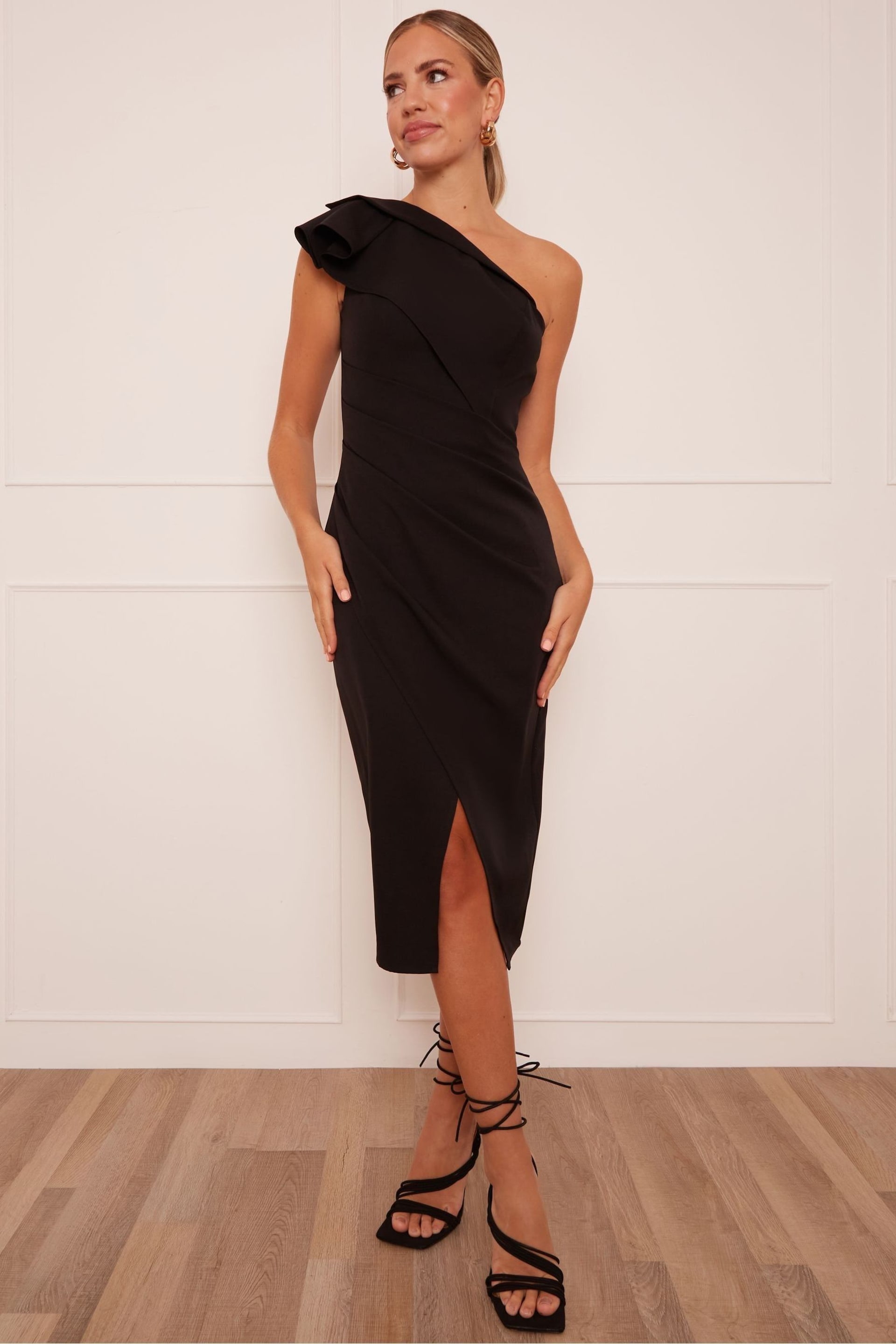 Chi Chi London Black One Shoulder Wrap Detail Midi Dress - Image 1 of 4