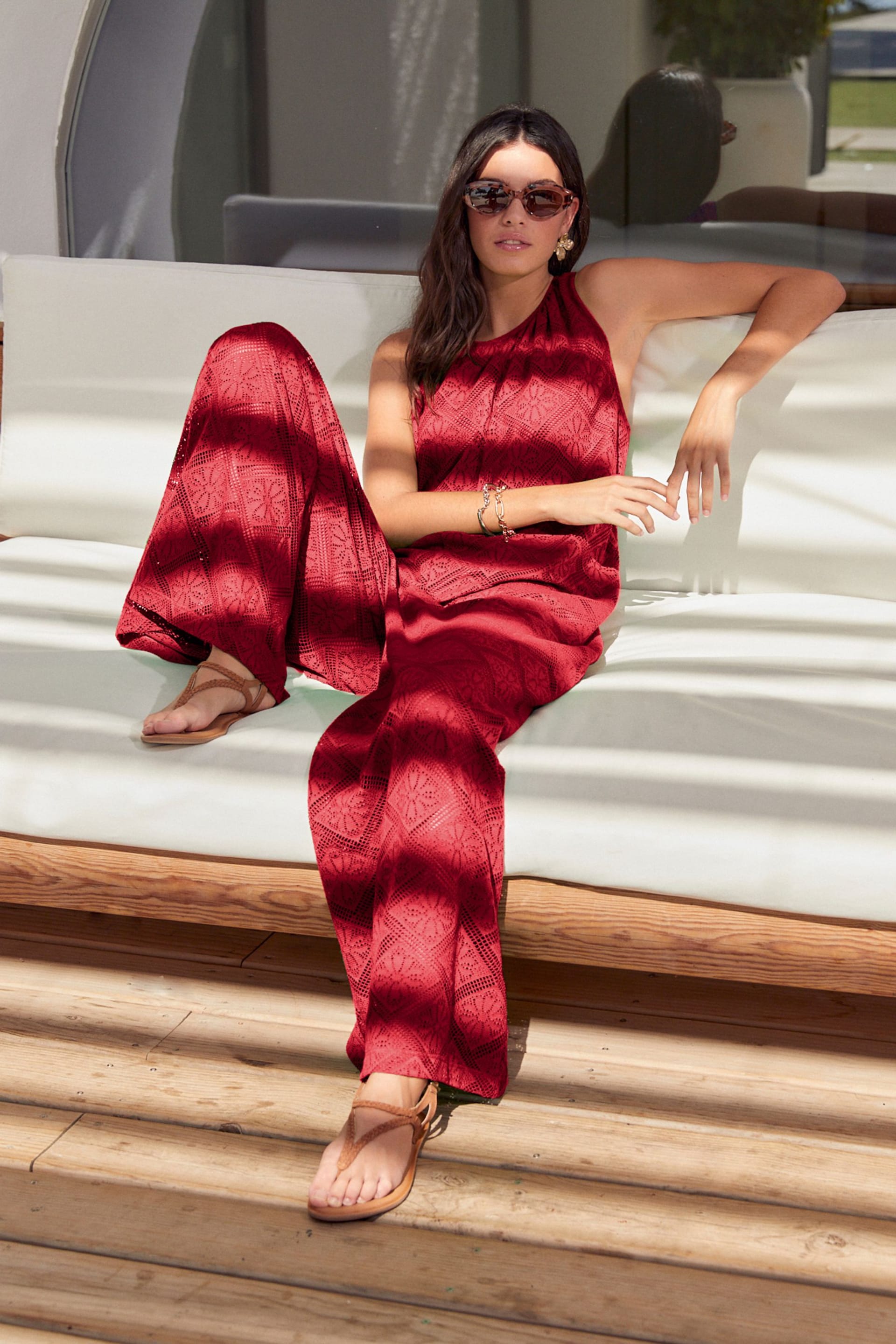 Red Sleeveless Crochet Jumpsuit - Image 2 of 6