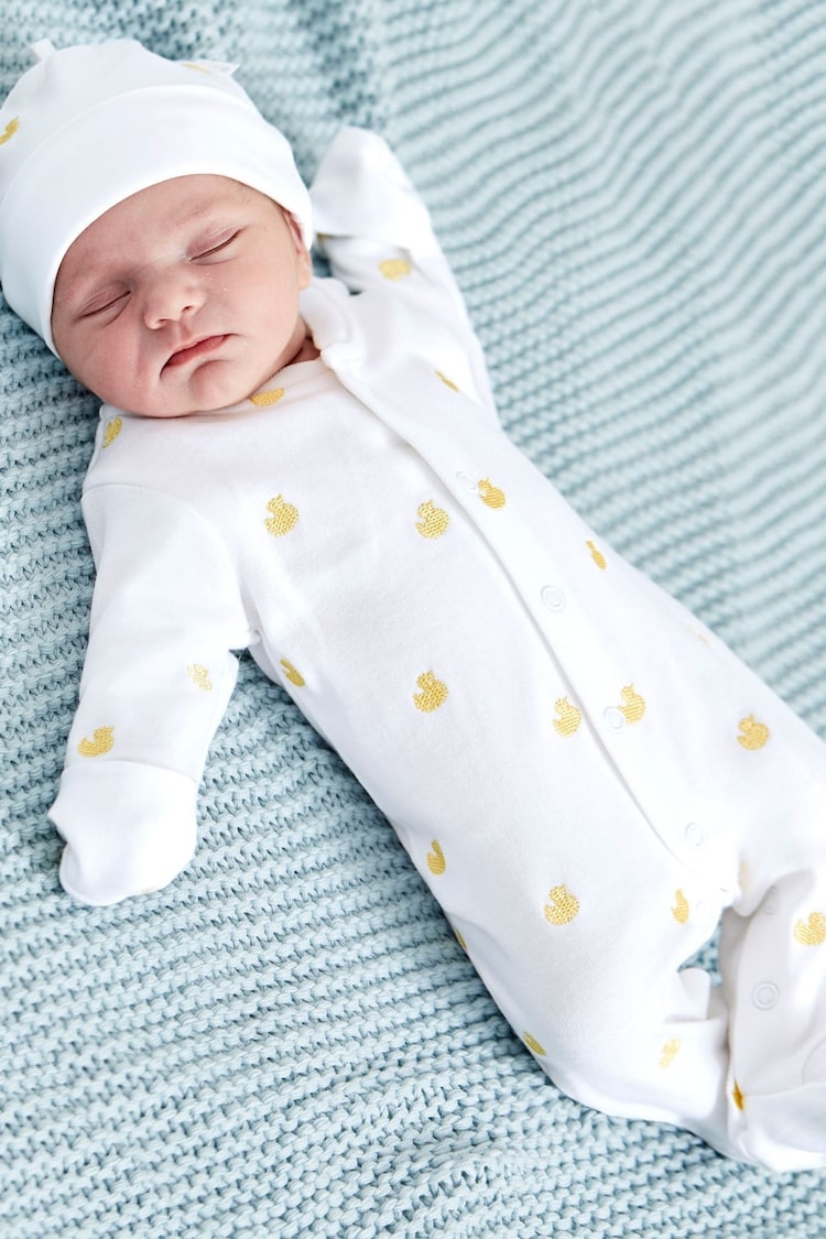 JoJo Maman Bébé White Duck Embroidered Cotton Baby Sleepsuit - Image 1 of 4