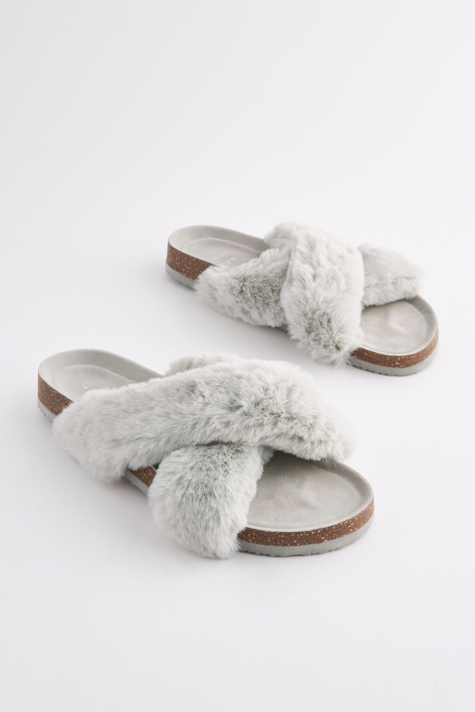 Grey faux fur slides hot sale