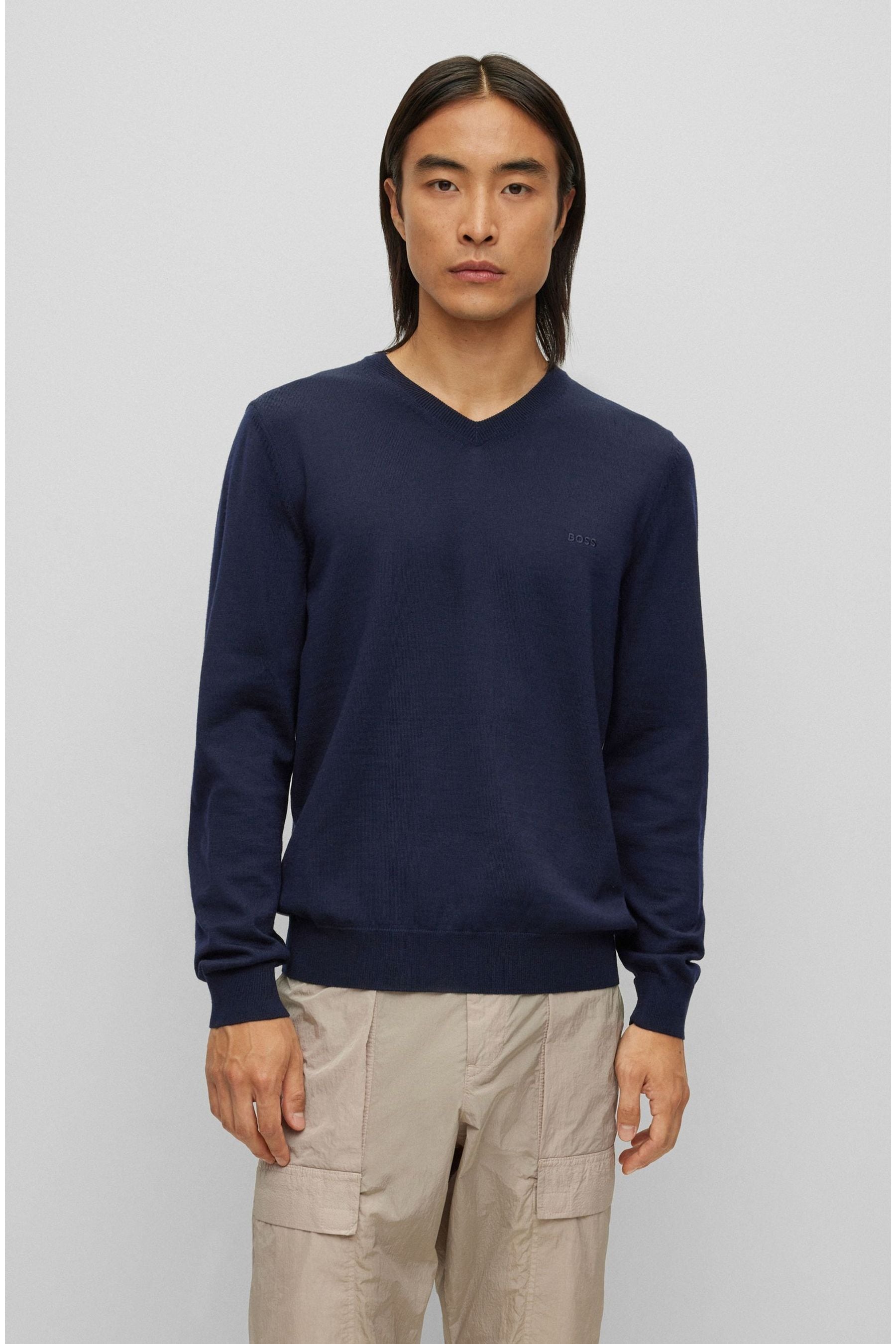 Buy BOSS Blue V Neck Tonal Logo Wool Jumper from Next Luxembourg