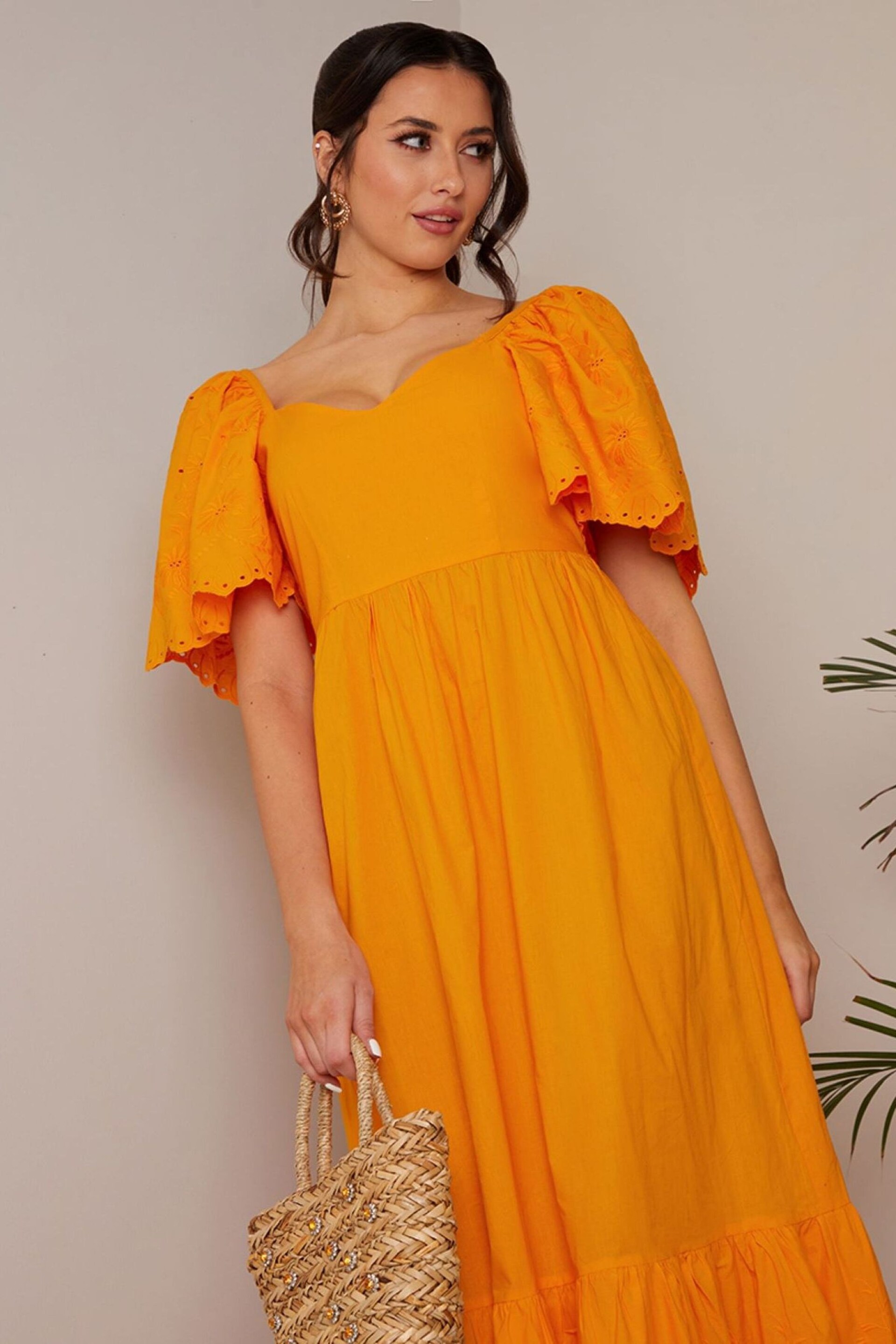 Chi Chi London Orange Broderie Sleeve Poplin Maxi Dress - Image 3 of 5