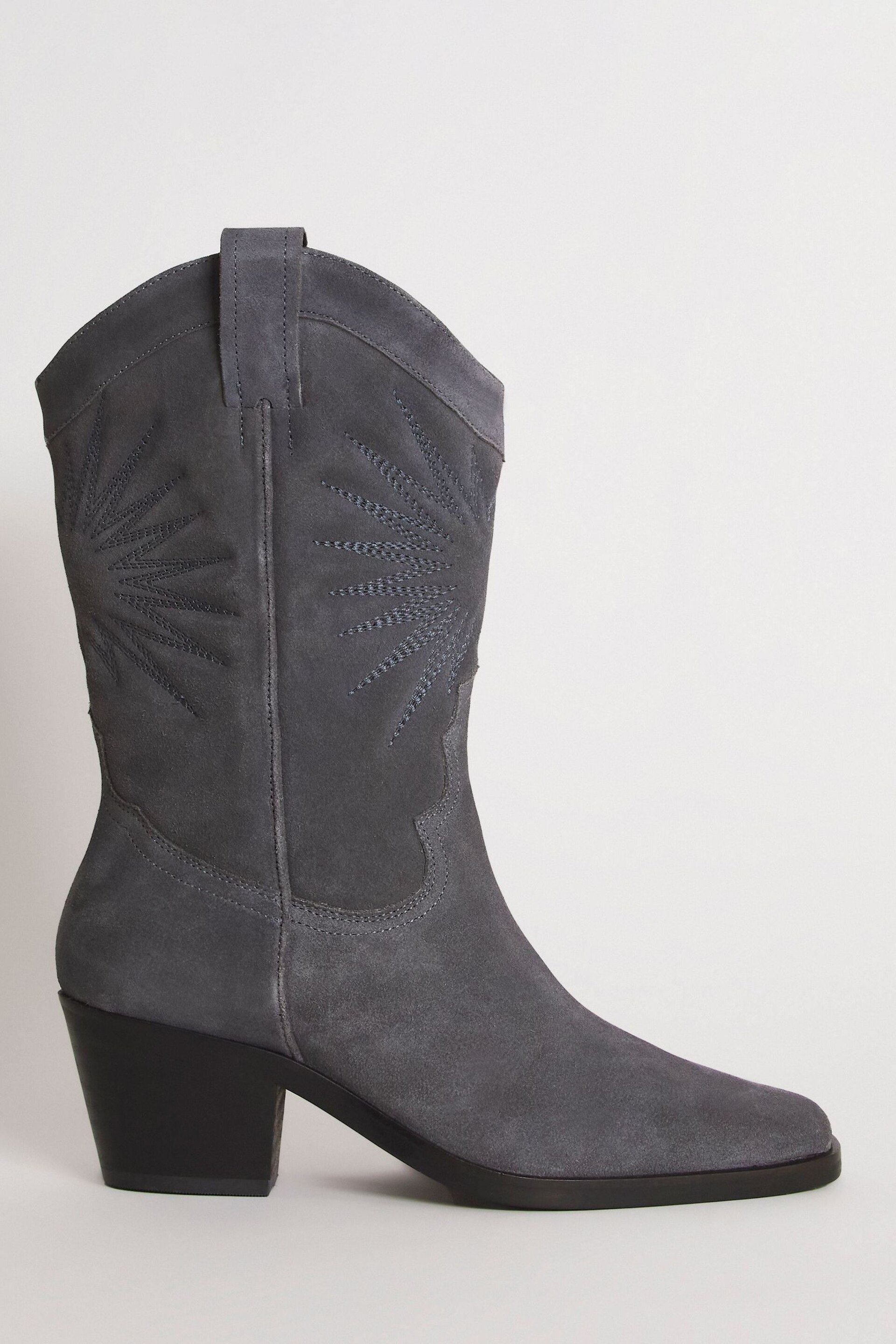 Simply Be Grey Suede Embroidered Western Calf Boots in Wide Fit Standard Calf - Image 1 of 3