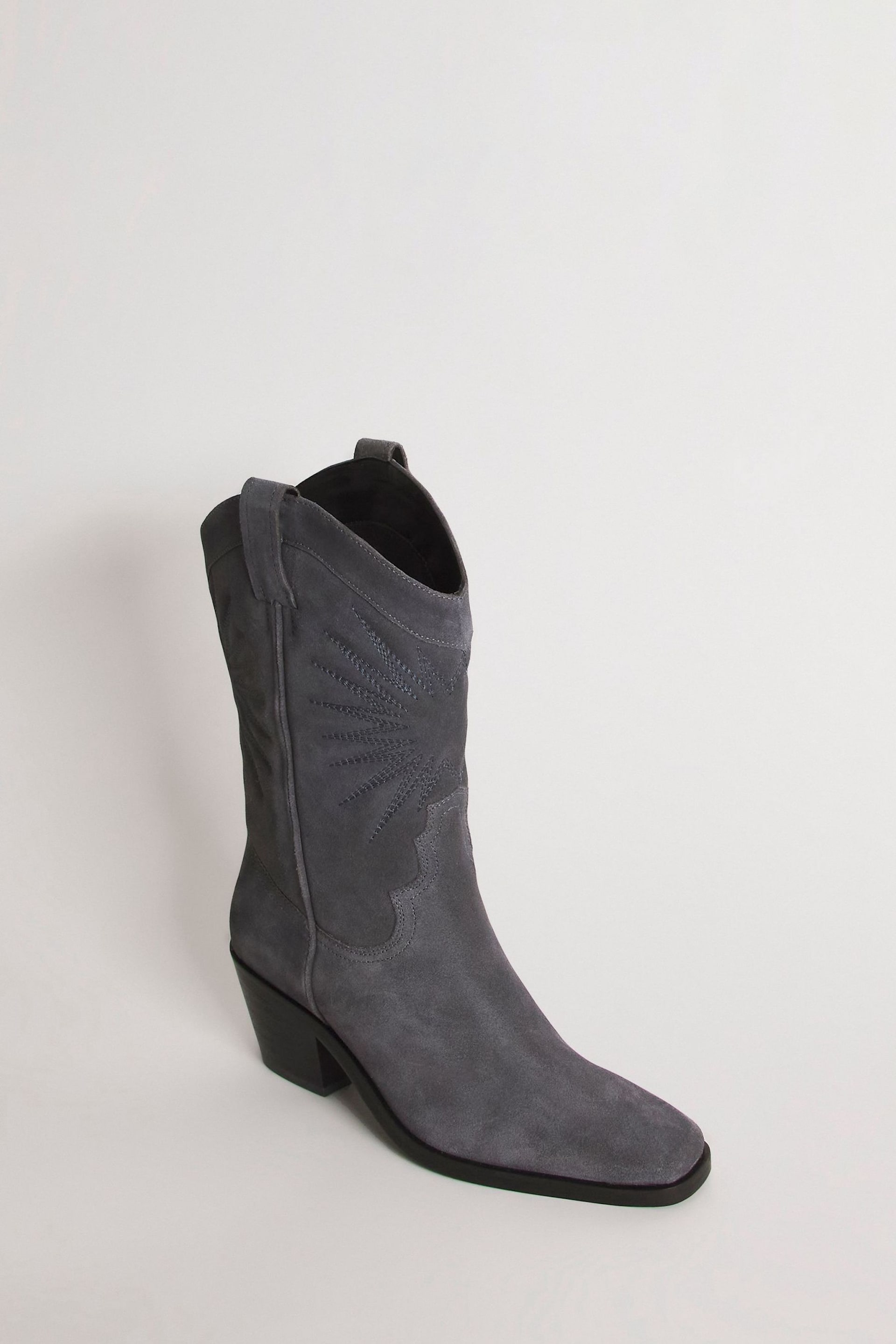 Simply Be Grey Suede Embroidered Western Calf Boots in Wide Fit Standard Calf - Image 2 of 3
