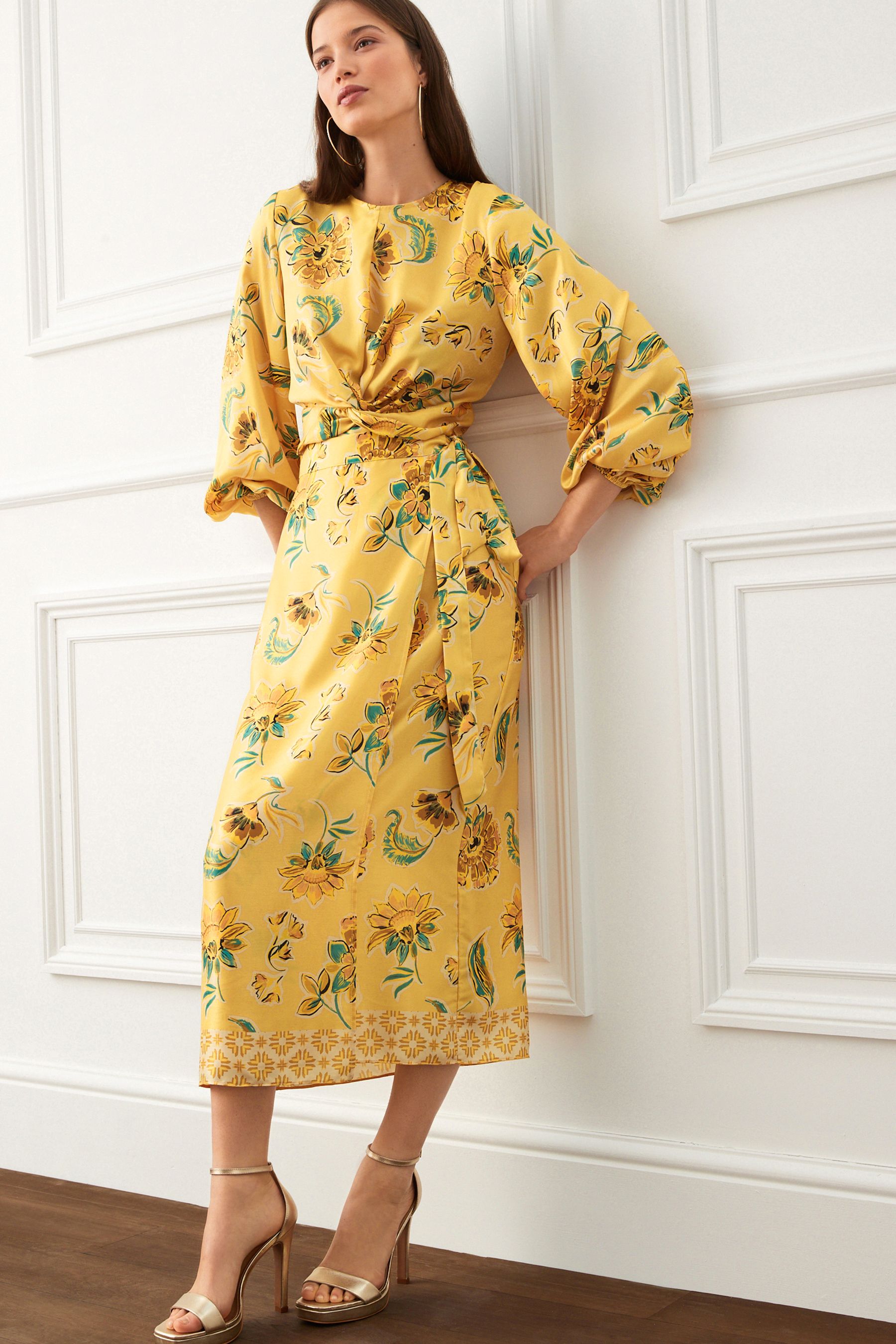 Floral midi skirt yellow cheap