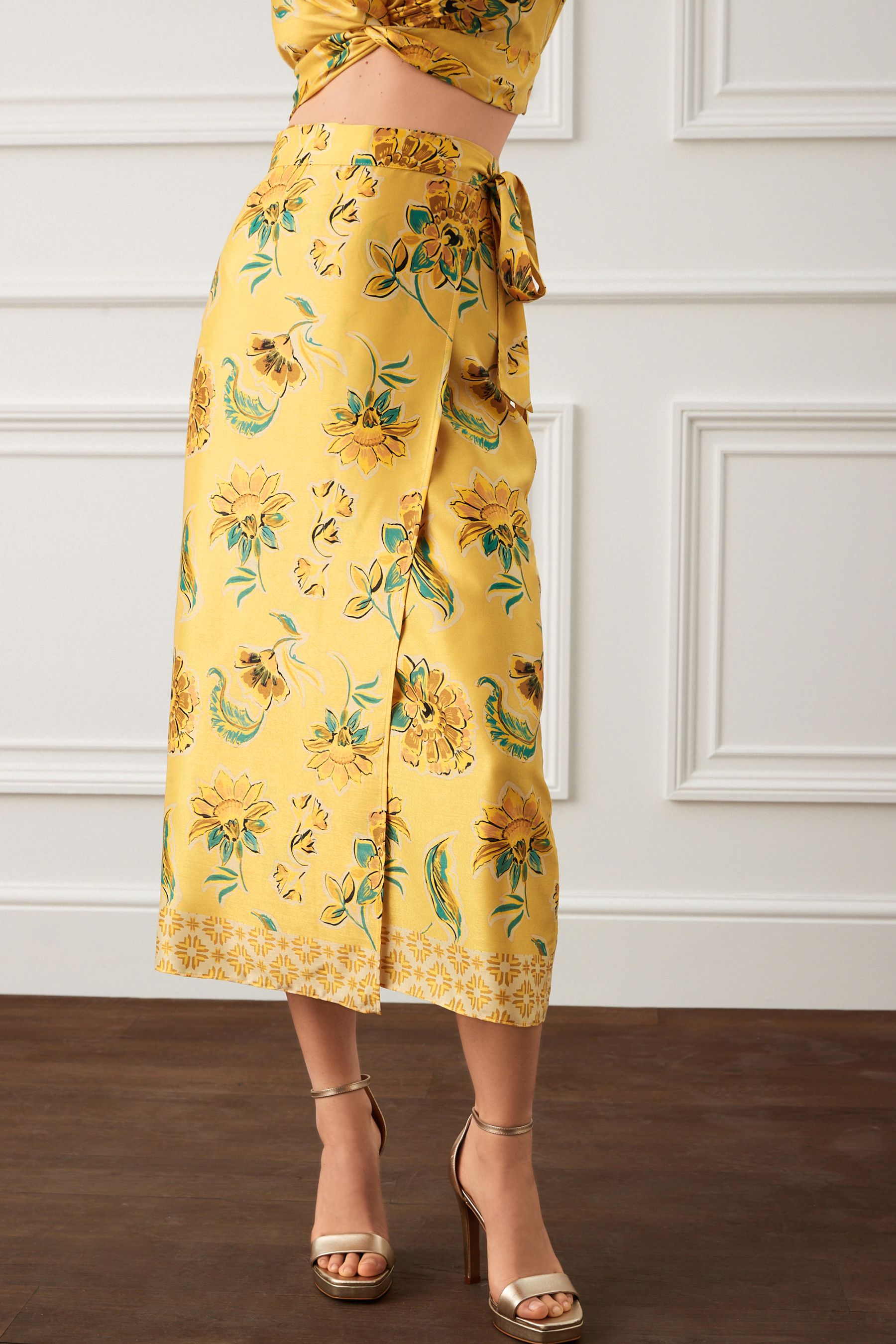 Buy Yellow Floral Satin Wrap Midi Skirt from Next Luxembourg