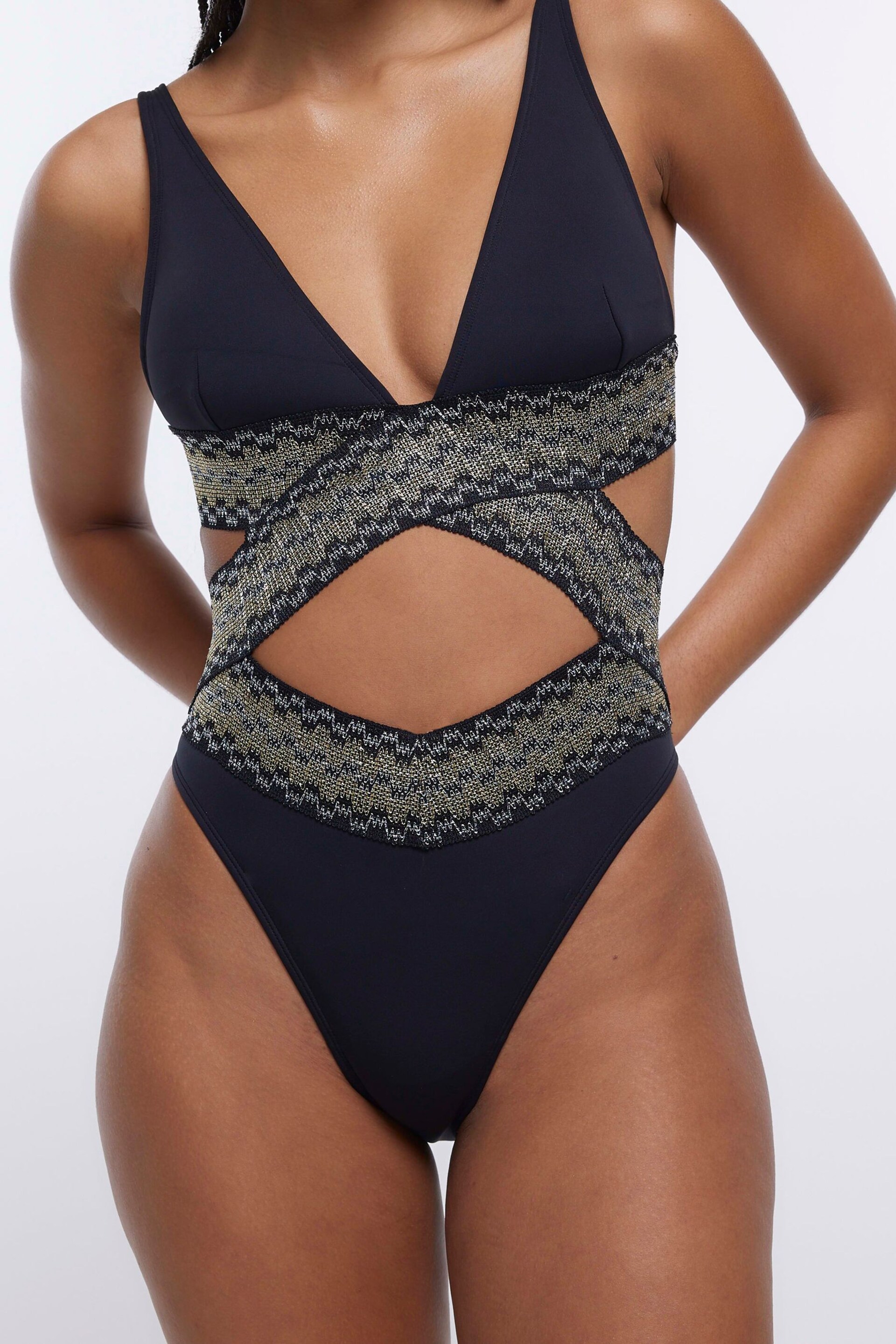 River Island Black Plunge Wrap Elastic Swimsuit - Image 3 of 5