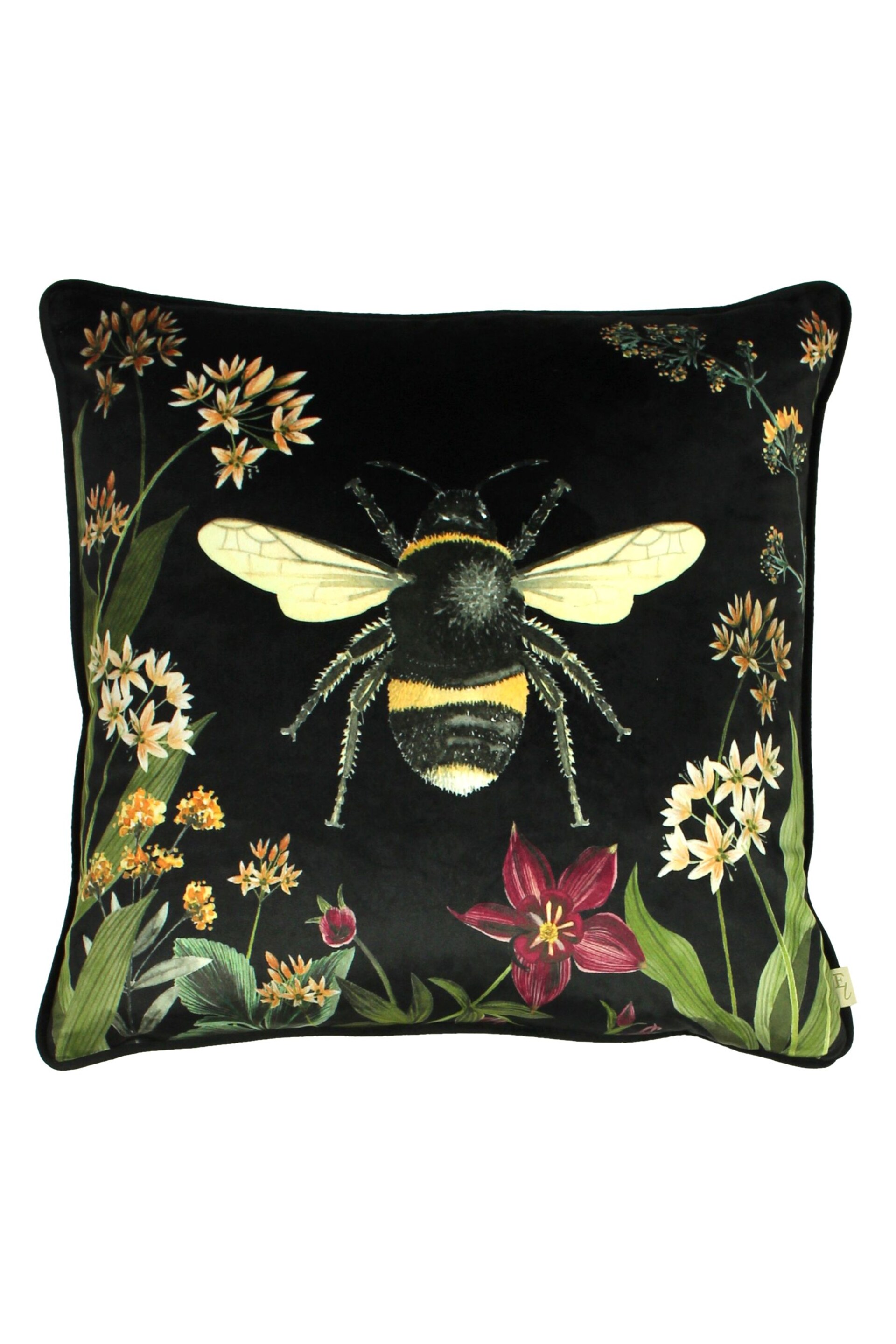 Evans Lichfield Black Multicolour Midnight Garden Bee Piped Velvet Cushion - Image 4 of 6