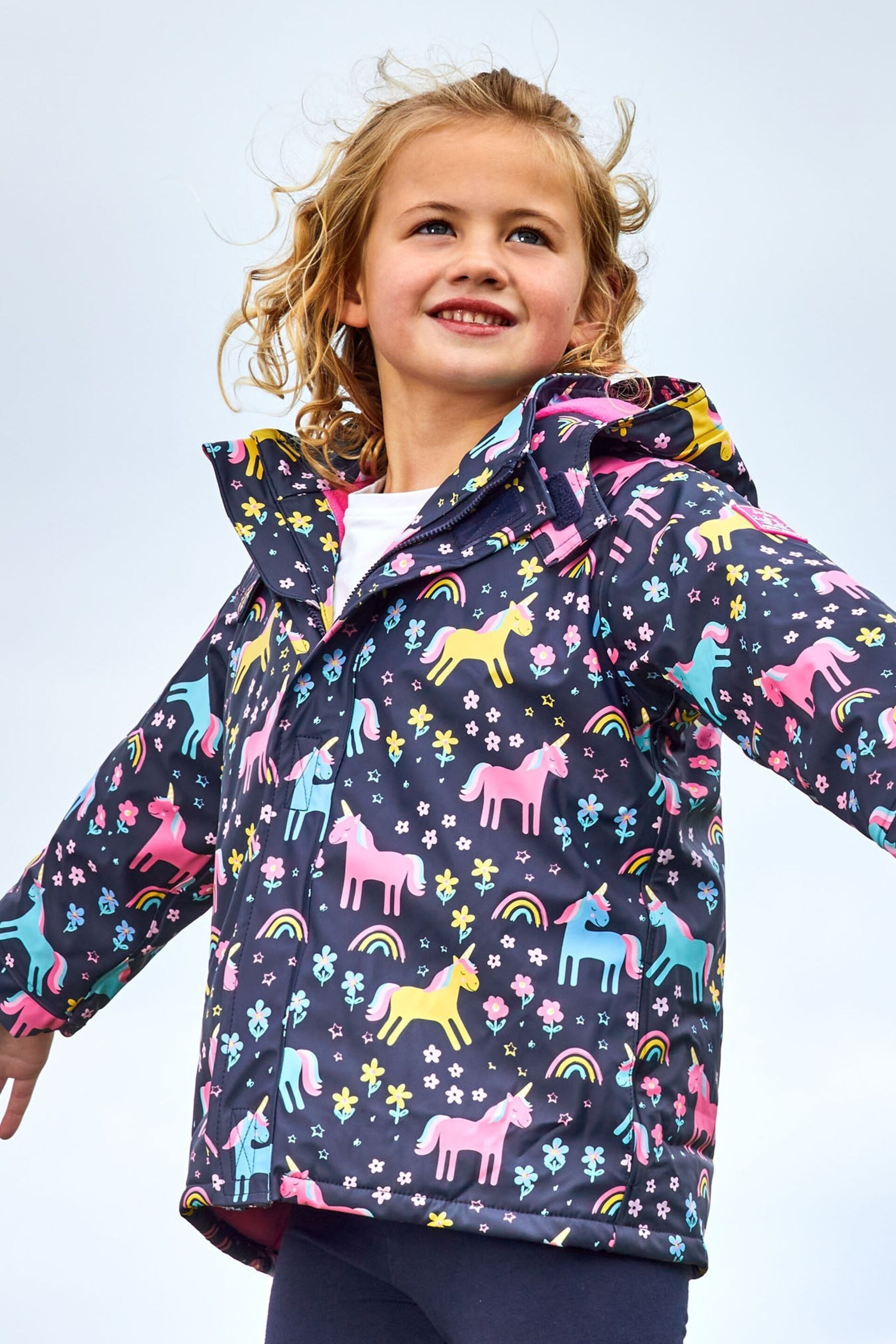 JoJo Maman Bébé Navy Blue Unicorn Cosy Waterproof Jacket - Image 1 of 7