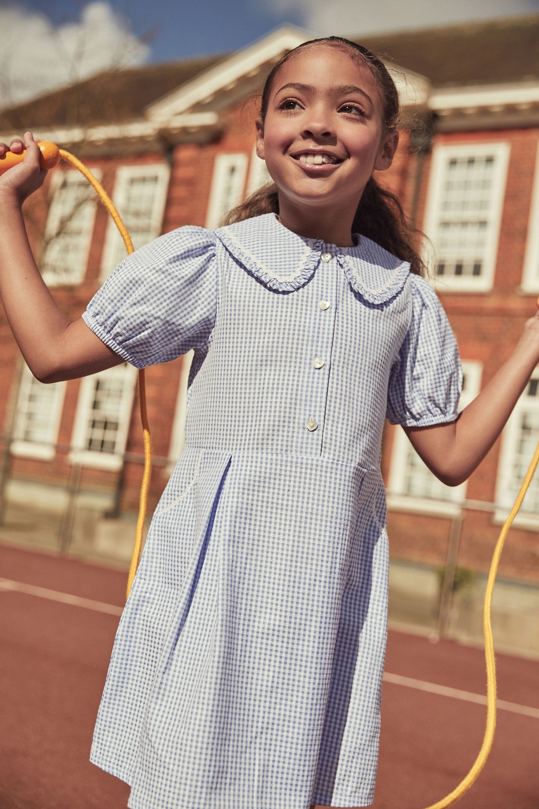 Blue Cotton Rich School Gingham Pretty Collar Dress 3 14yrs