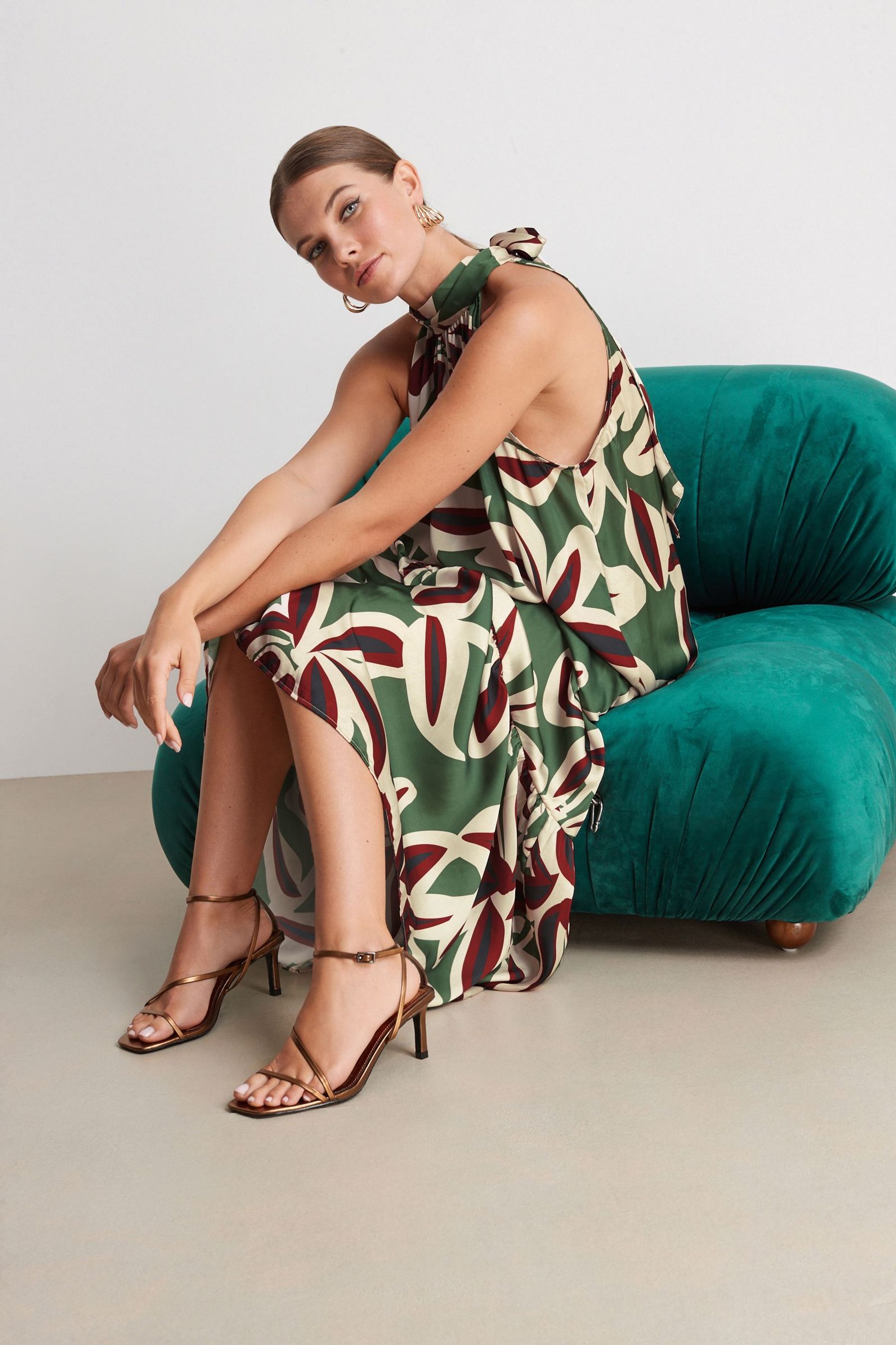 Buy Green Floral High Neck Satin Maxi Dress from Next Luxembourg