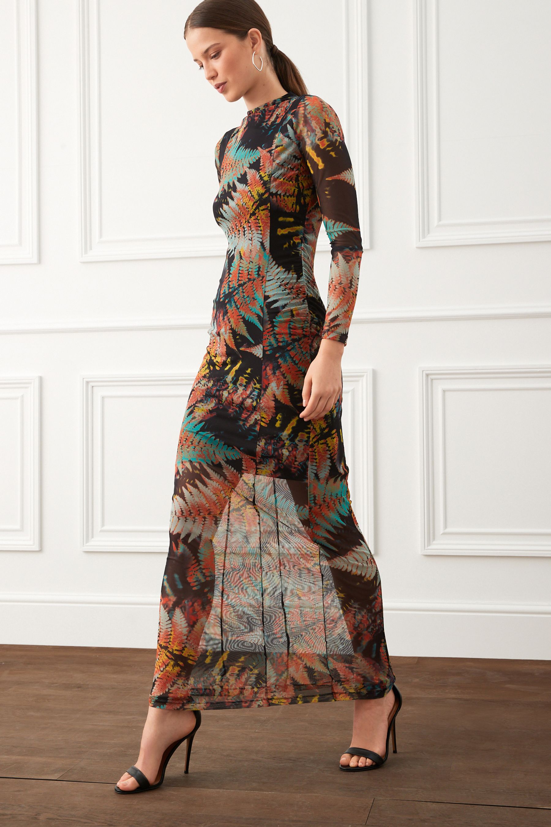 Buy Black Fern Print Long Sleeve Mesh Midi Dress from Next Luxembourg