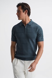 Reiss Airforce Blue Mosaic Half Zip Textured Polo Shirt - Image 1 of 6