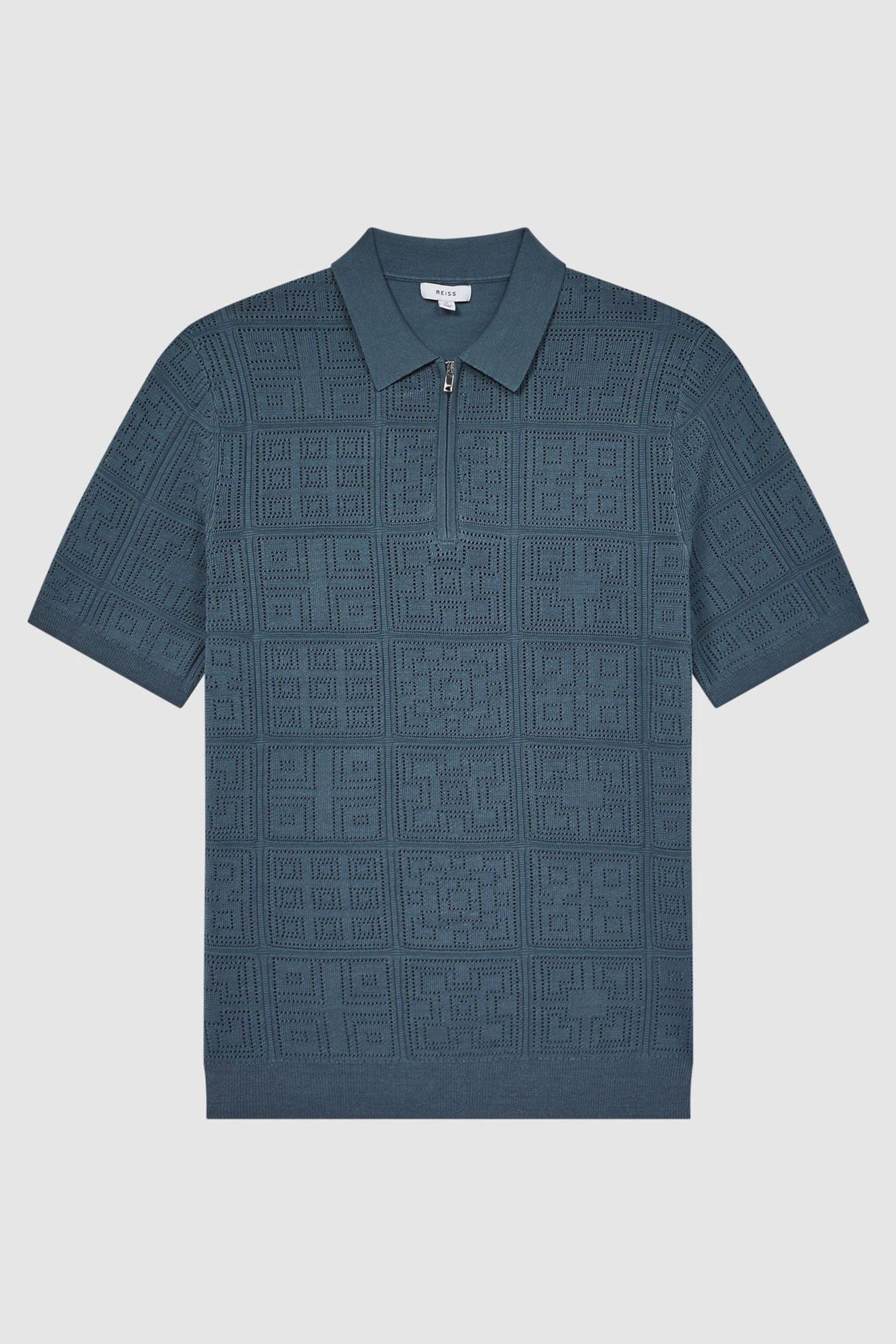 Reiss Airforce Blue Mosaic Half Zip Textured Polo Shirt - Image 2 of 6