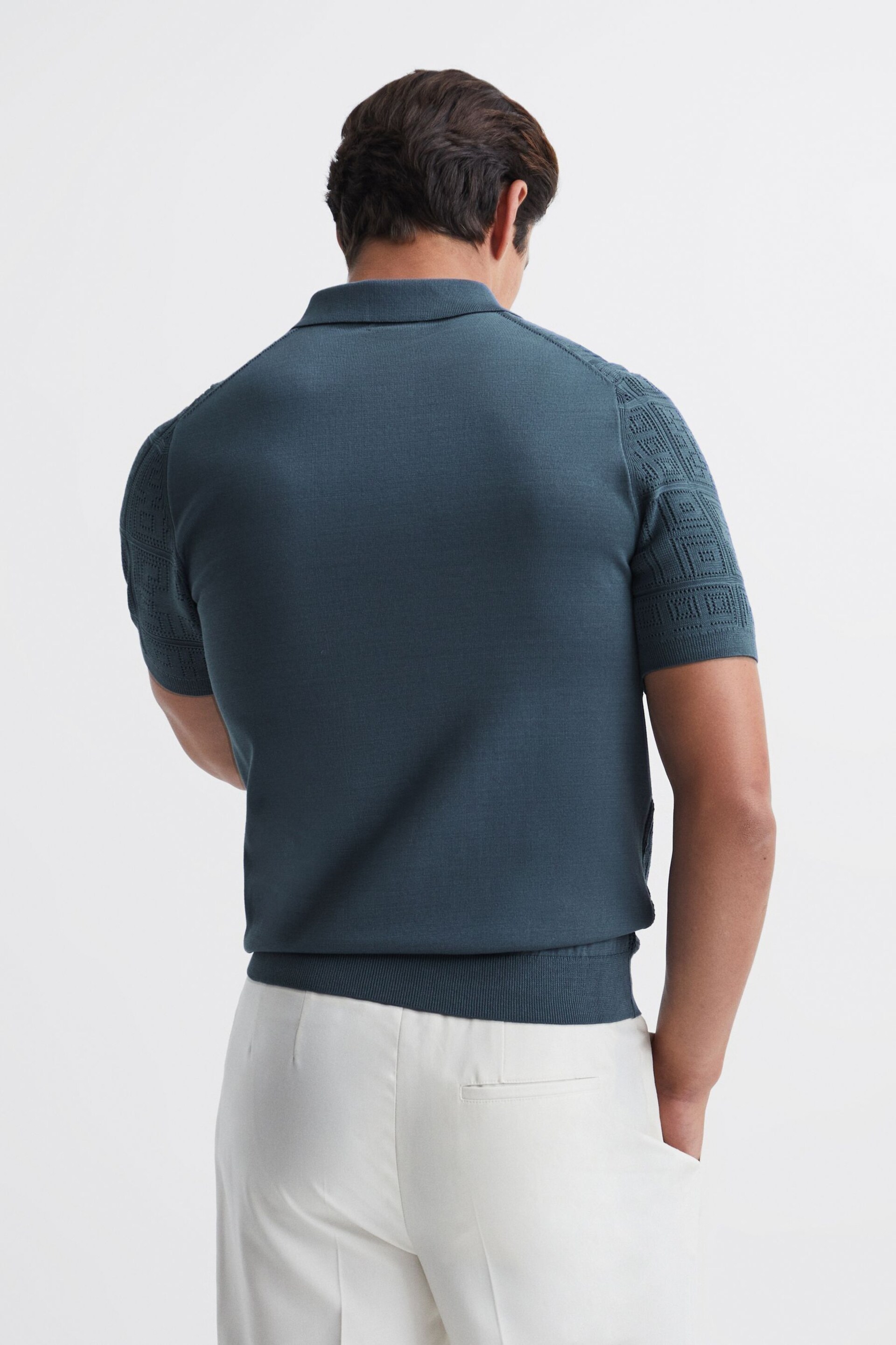 Reiss Airforce Blue Mosaic Half Zip Textured Polo Shirt - Image 5 of 6