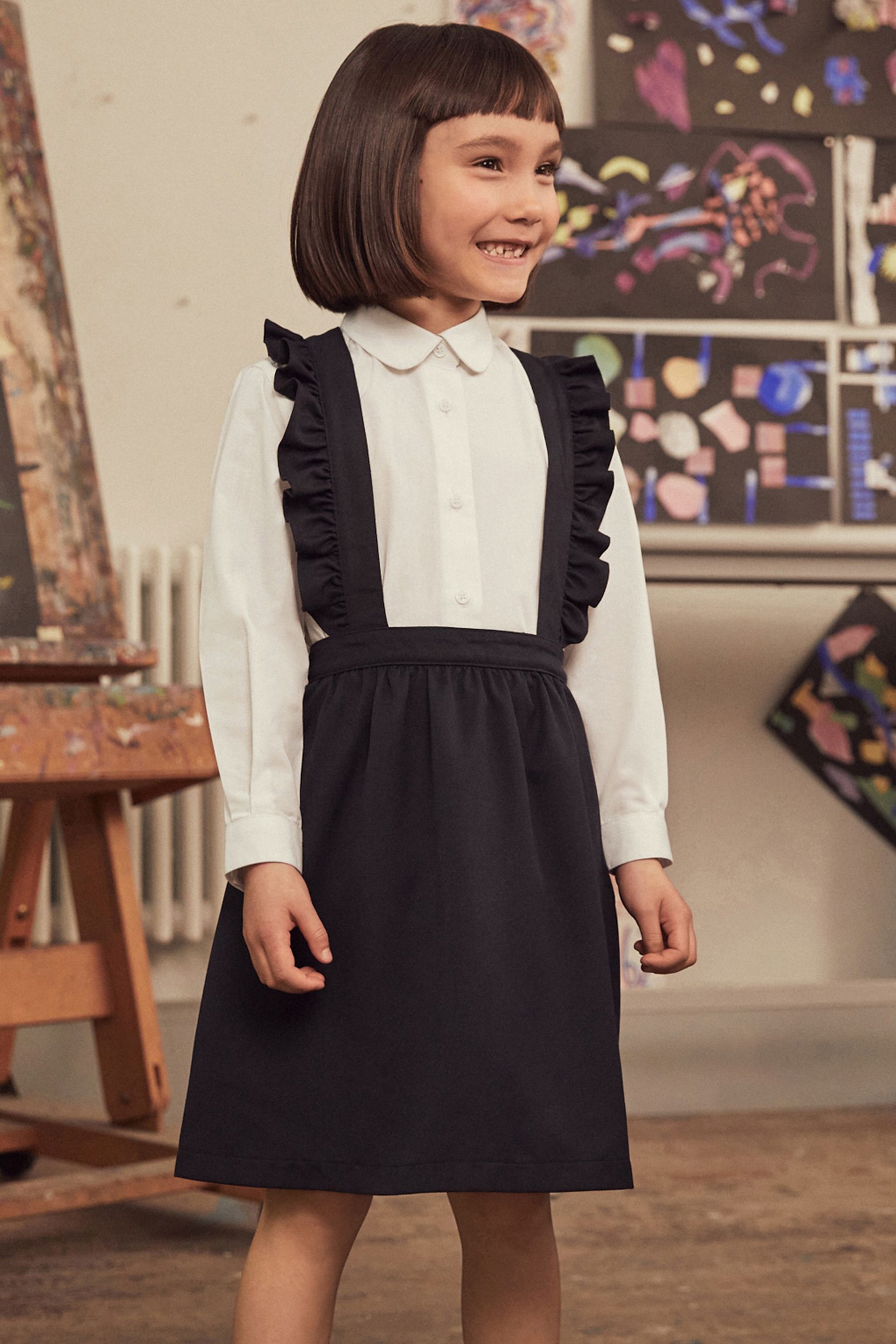 NEXT Navy Blue White Ruffle School Pinafore And Long Sleeve Shirt Set 3 14yrs 45years Girls