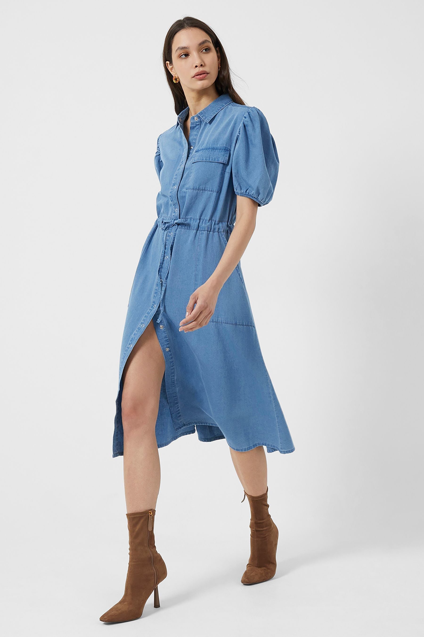 Buy French Connection Blue Zaves Chambray Puff Sleeve Denim Midi Shirt Dress from Next Luxembourg