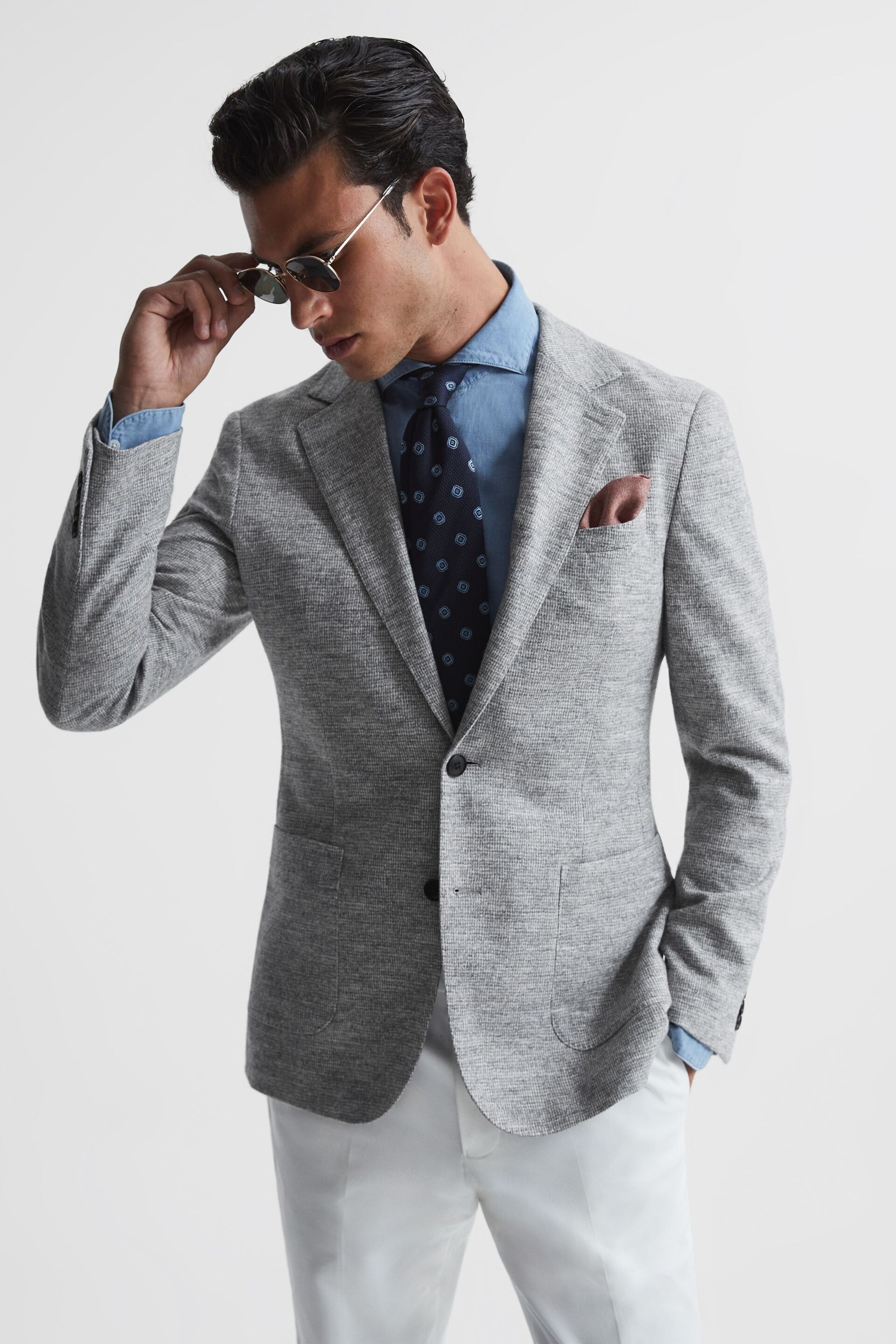 Reiss Grey Bibbington Single Breasted Slim Fit Brushed Puppytooth Blazer - Image 1 of 11