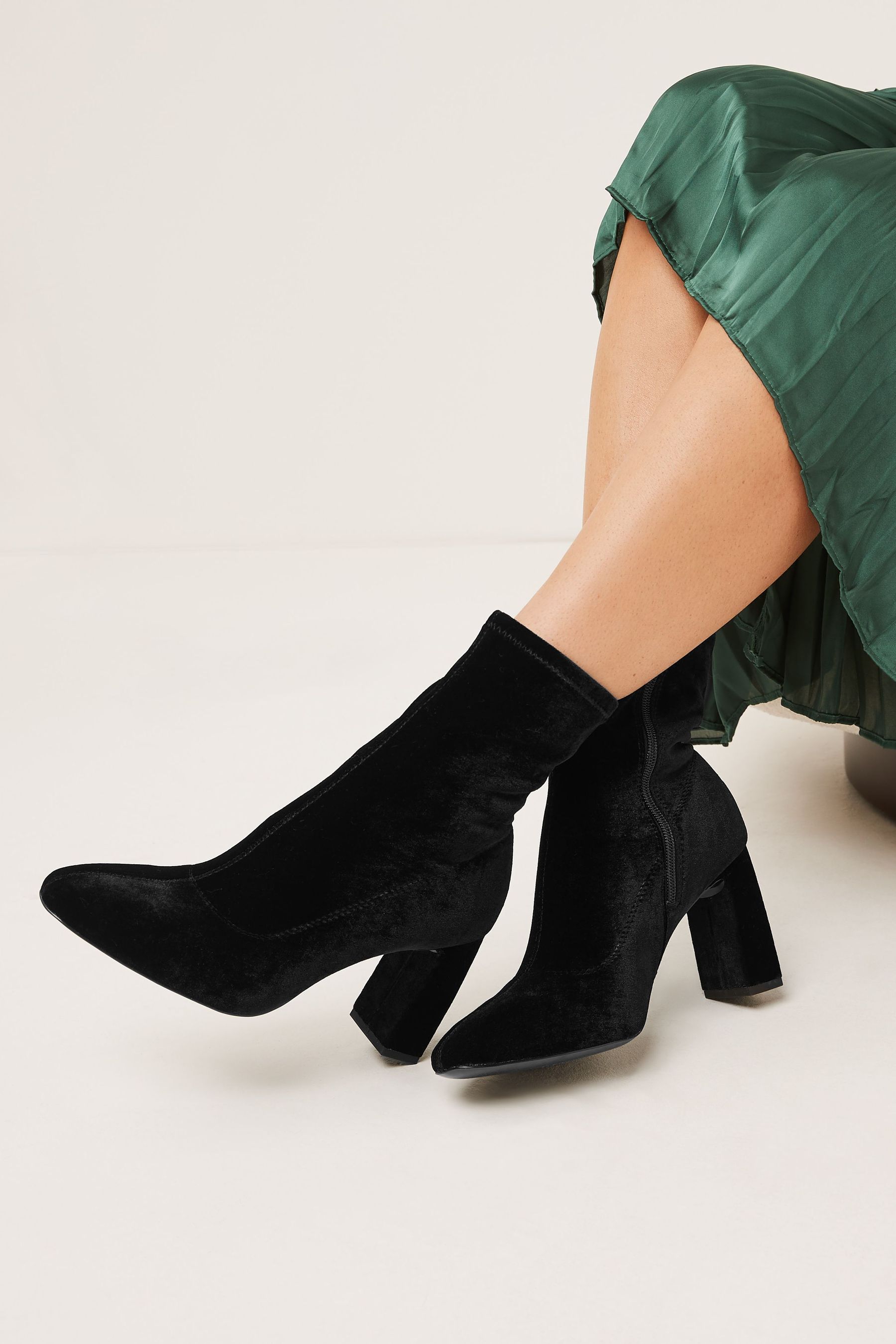 Buy Black Velvet Round Toe Ankle Sock Boots from Next Luxembourg