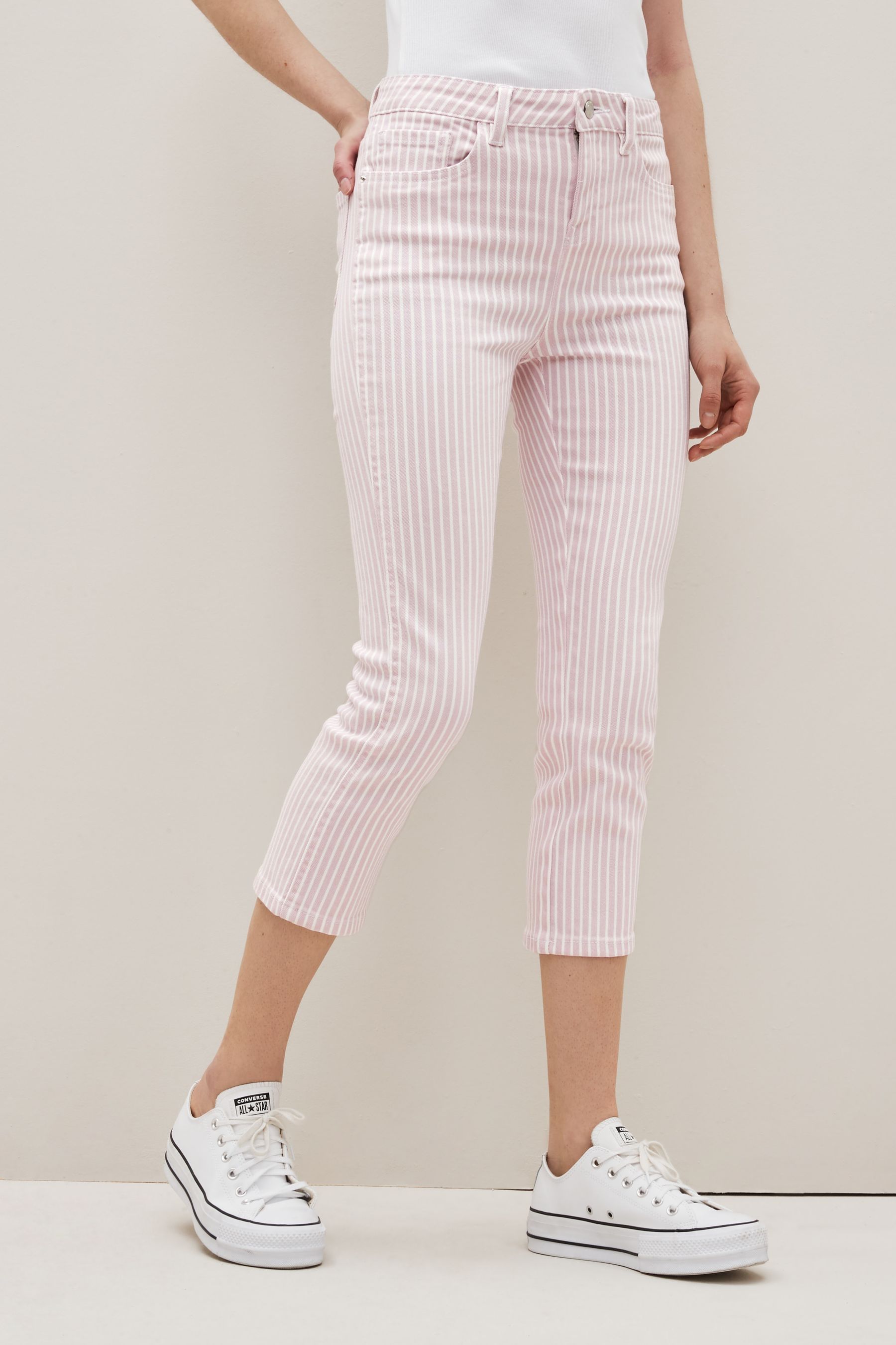 Pink and white striped jeans on sale
