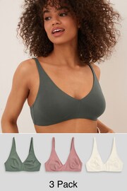 Green/Pink/Cream Non Pad Non Wire Cotton Blend Bras 3 Pack - Image 1 of 9