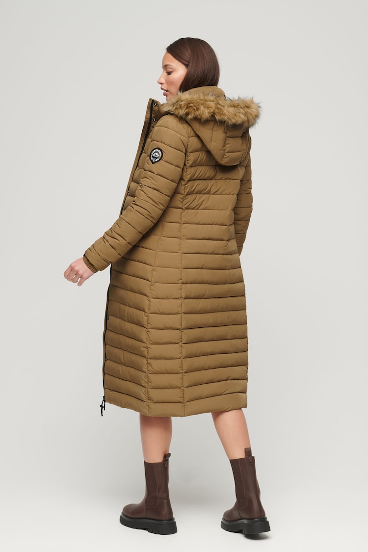 Superdry Brown Faux Fur Hooded Longline Light Padded Puffer Coat - Image 2 of 3