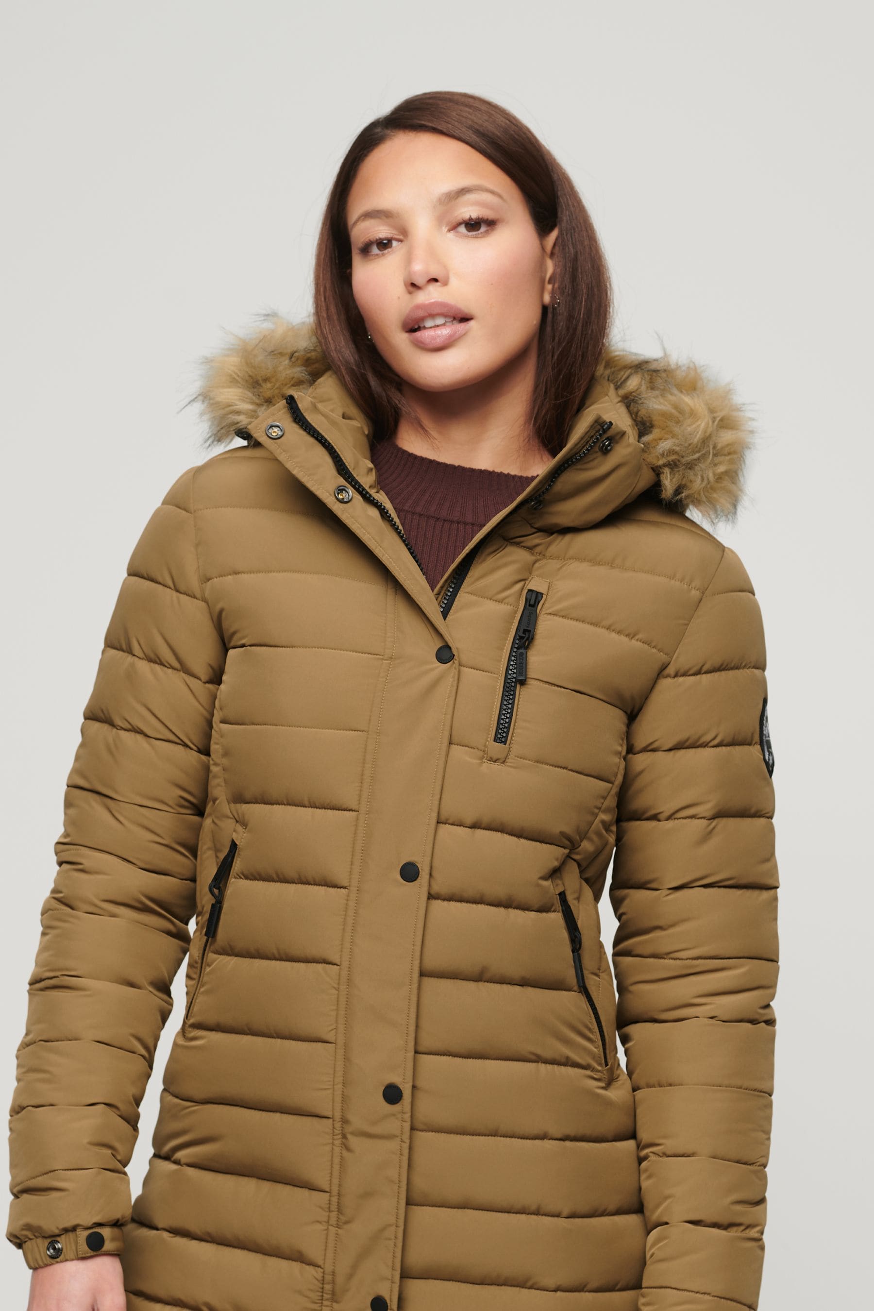 Brown puffer jacket with fur hood clearance