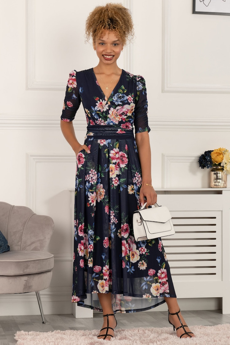 Jolie Moi Blue Haizley Floral Print Mesh Maxi Dress - Image 5 of 5