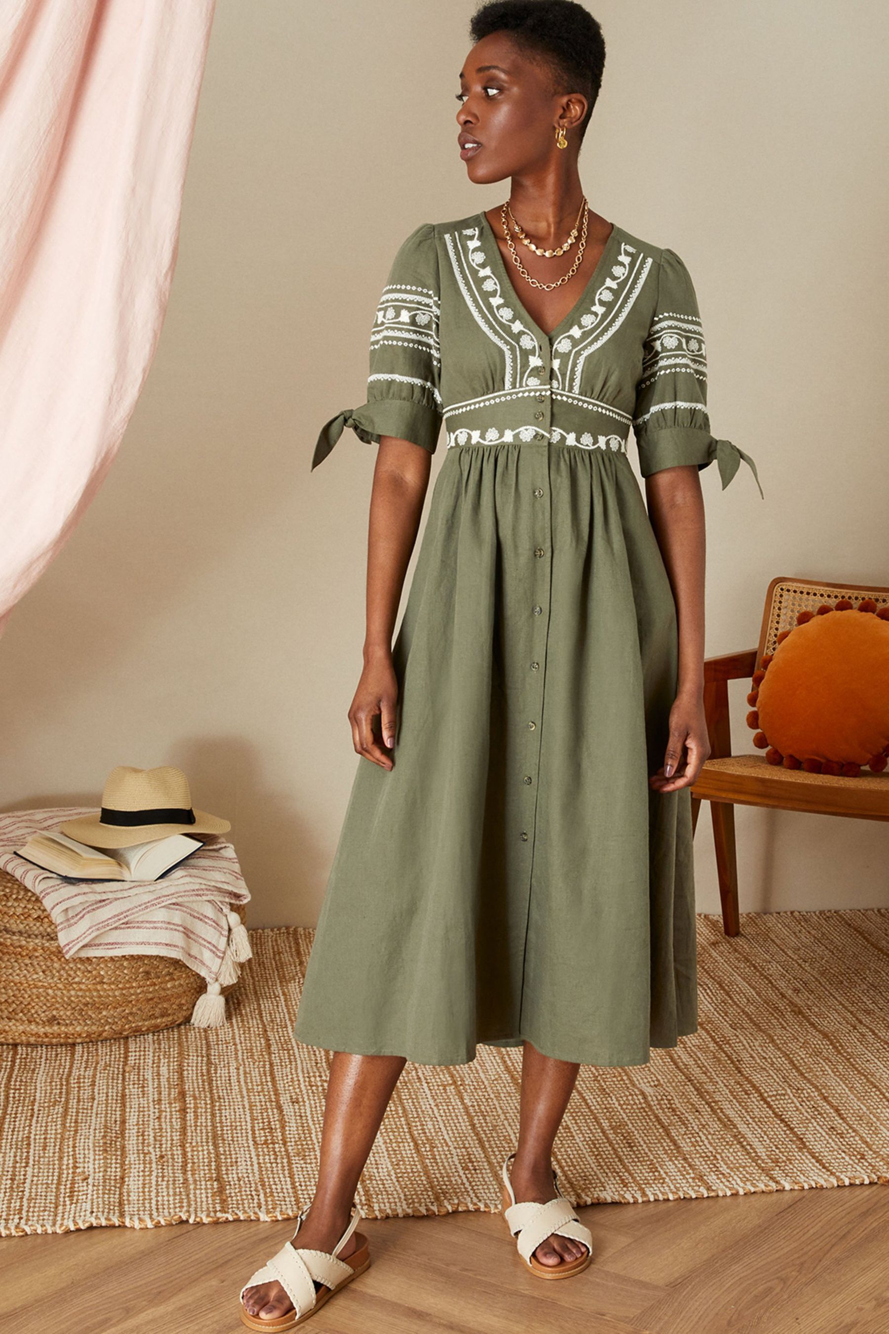 Buy Monsoon Green Embroidered Dolly Dress In Linen Blend from Next Luxembourg
